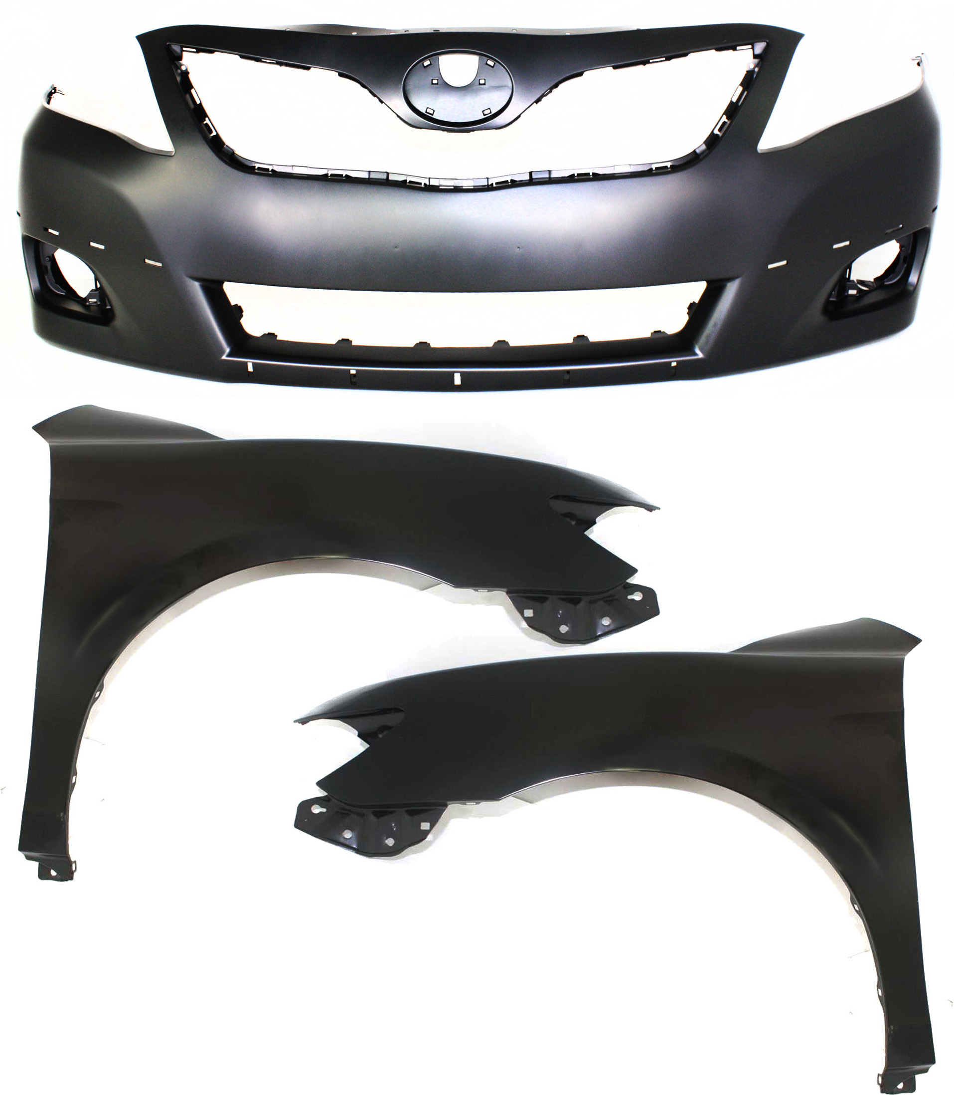 AM CAMRY 10-11 FRONT BUMPER COVER Primed w Fog Light Holes 3 pc Kit with Fenders CAPA SKU KIT 010718-190 Partslink TO1000355C TO1240211C TO1241211C OEM 5211906959-5380106110-53802061