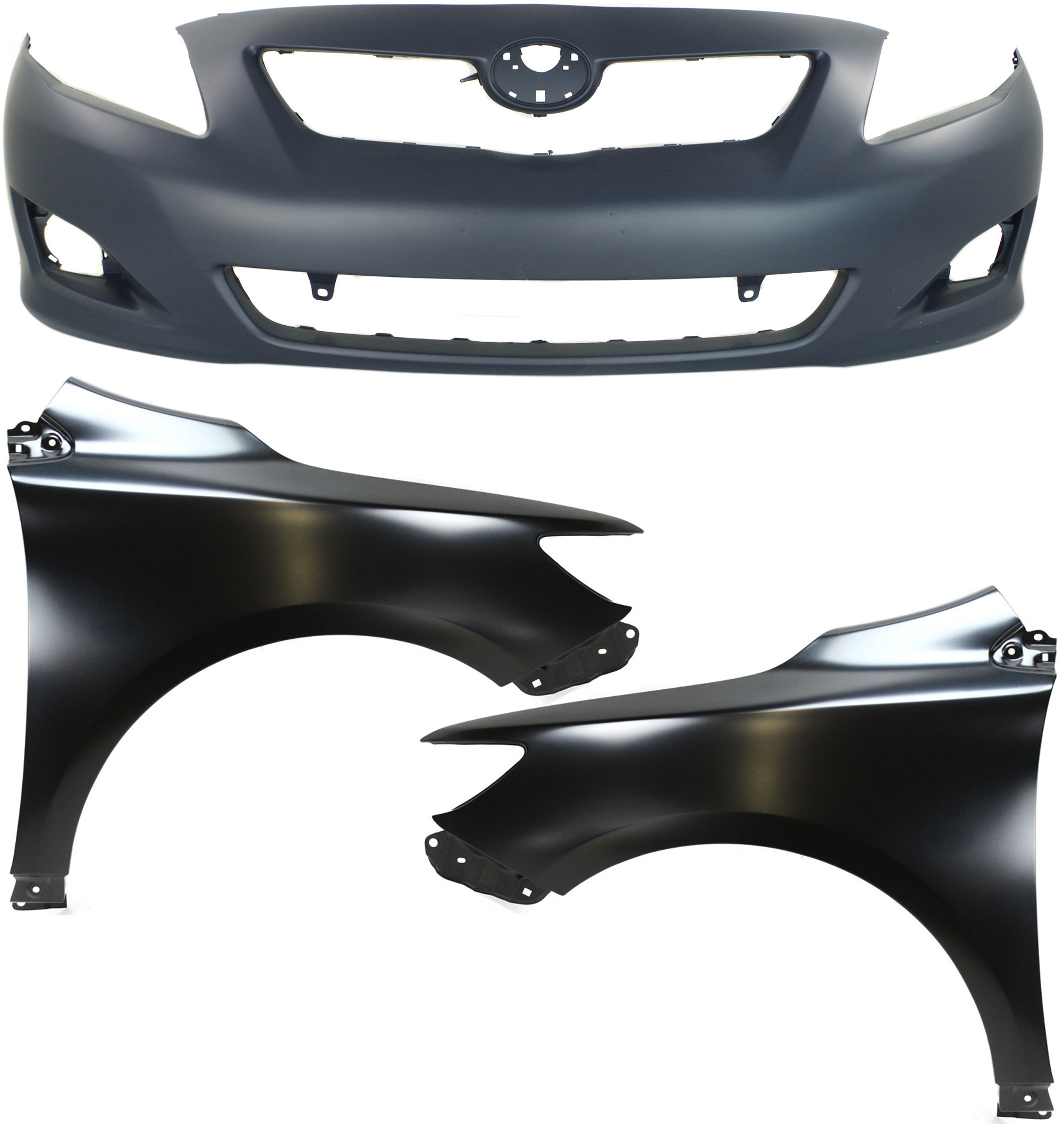 AM COROLLA 09-10 FRONT BUMPER COVER 3 pc Kit with Fenders SKU KIT 010718-195 Partslink TO1000343 TO1240224 TO1241224 OEM 5211902990-5380212A70-5380112A