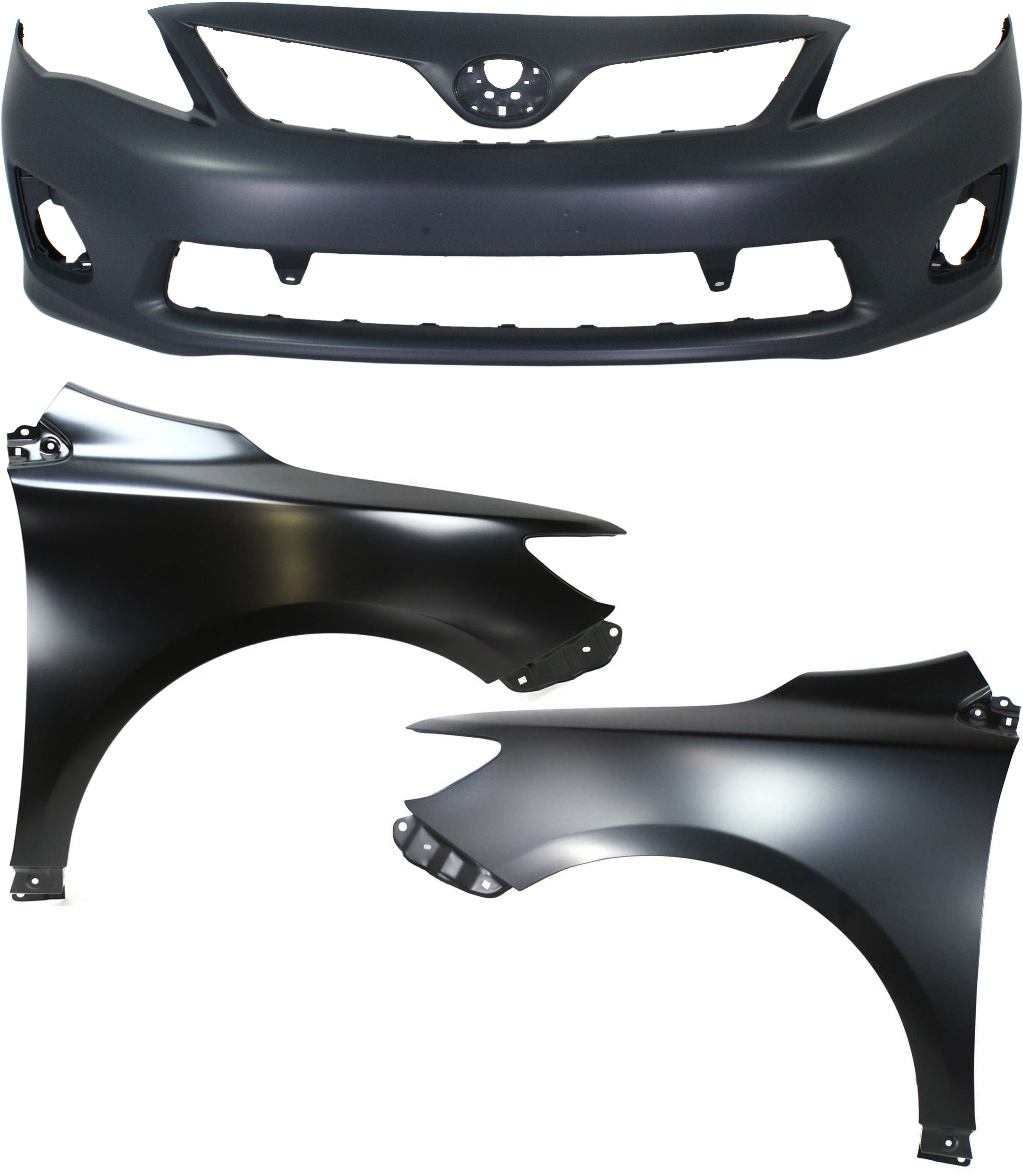 AM COROLLA 11-13 FRONT BUMPER COVER 3 pc Kit with Fenders SKU KIT 010718-196 Partslink TO1000380 TO1240224 TO1241224 OEM 5211912963-5380212A70-5380112A