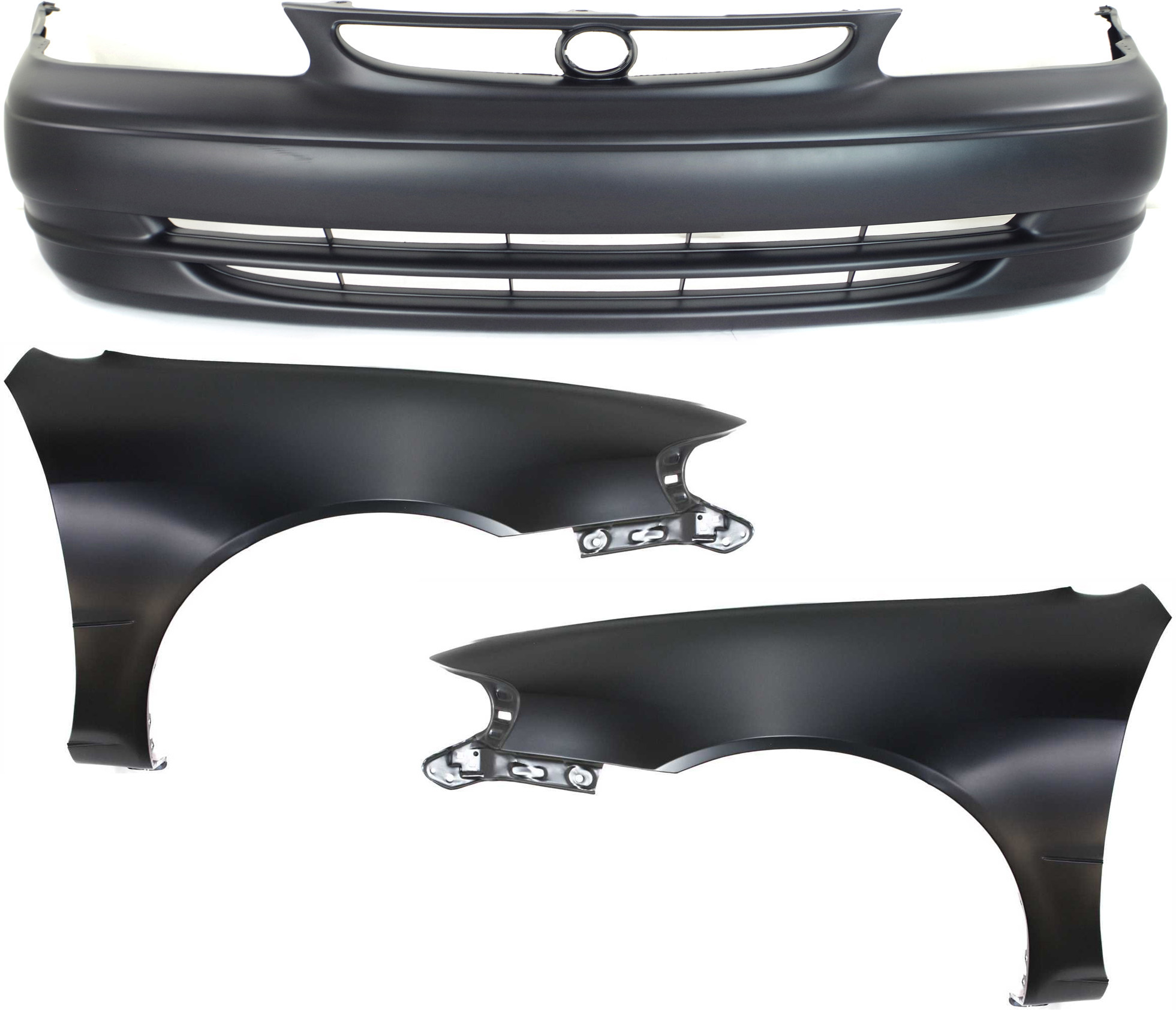 AM COROLLA 98-00 FRONT BUMPER COVER 3 pc Kit with Fenders SKU KIT 010718-201 Partslink TO1000189 TO1240164 TO1241164 OEM 5211902903-5381202051-53811020