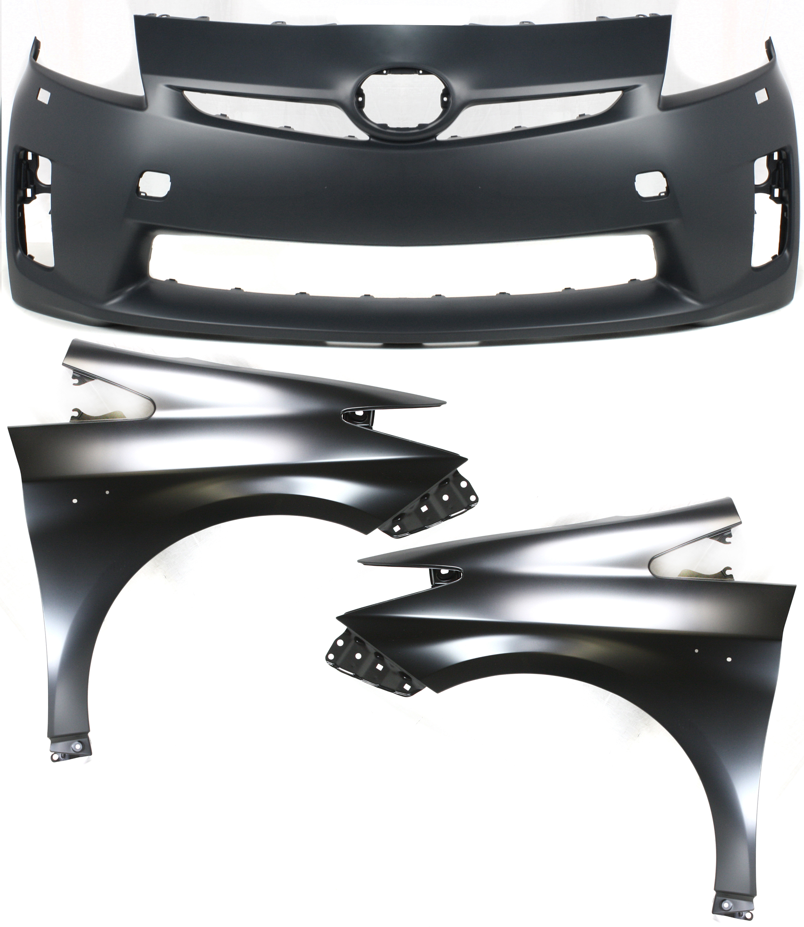 AM PRIUS 10-11 FRONT BUMPER COVER 3 pc Kit Primed w Fog Light Holes w parking aid sensor holes with Fenders CAPA SKU KIT 010718-219 Partslink TO1000360C TO1240232C TO1241232C OEM 5211947920-5380147040-53802470
