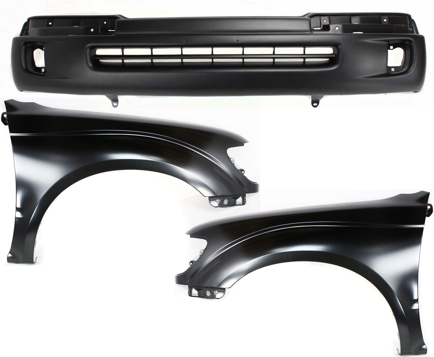 AM TACOMA 98-00 FRONT BUMPER COVER 3 pc Kit with Fenders SKU KIT 010718-226 Partslink TO1240161 TO1241161 OEM 5391104090 PFM 5381204070-5381