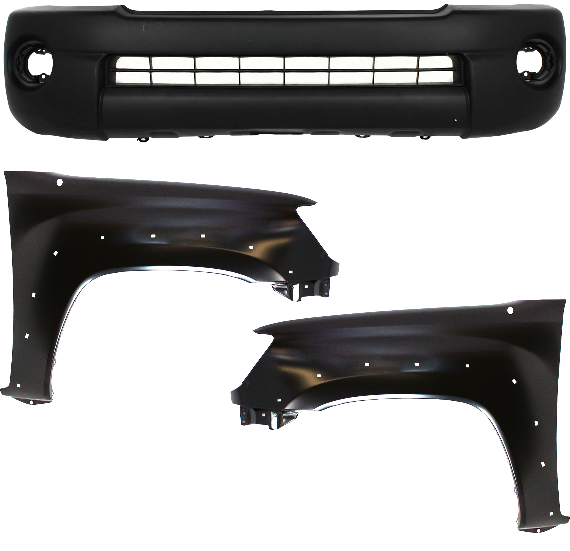 AM TACOMA 05-11 FRONT BUMPER COVER 3 pc Kit Textured Base PreRunner Models w Fenders CAPA SKU KIT 010718-230 Partslink TO1000302C TO1240208C TO1241208C OEM 5211904040-5381104100-53812041