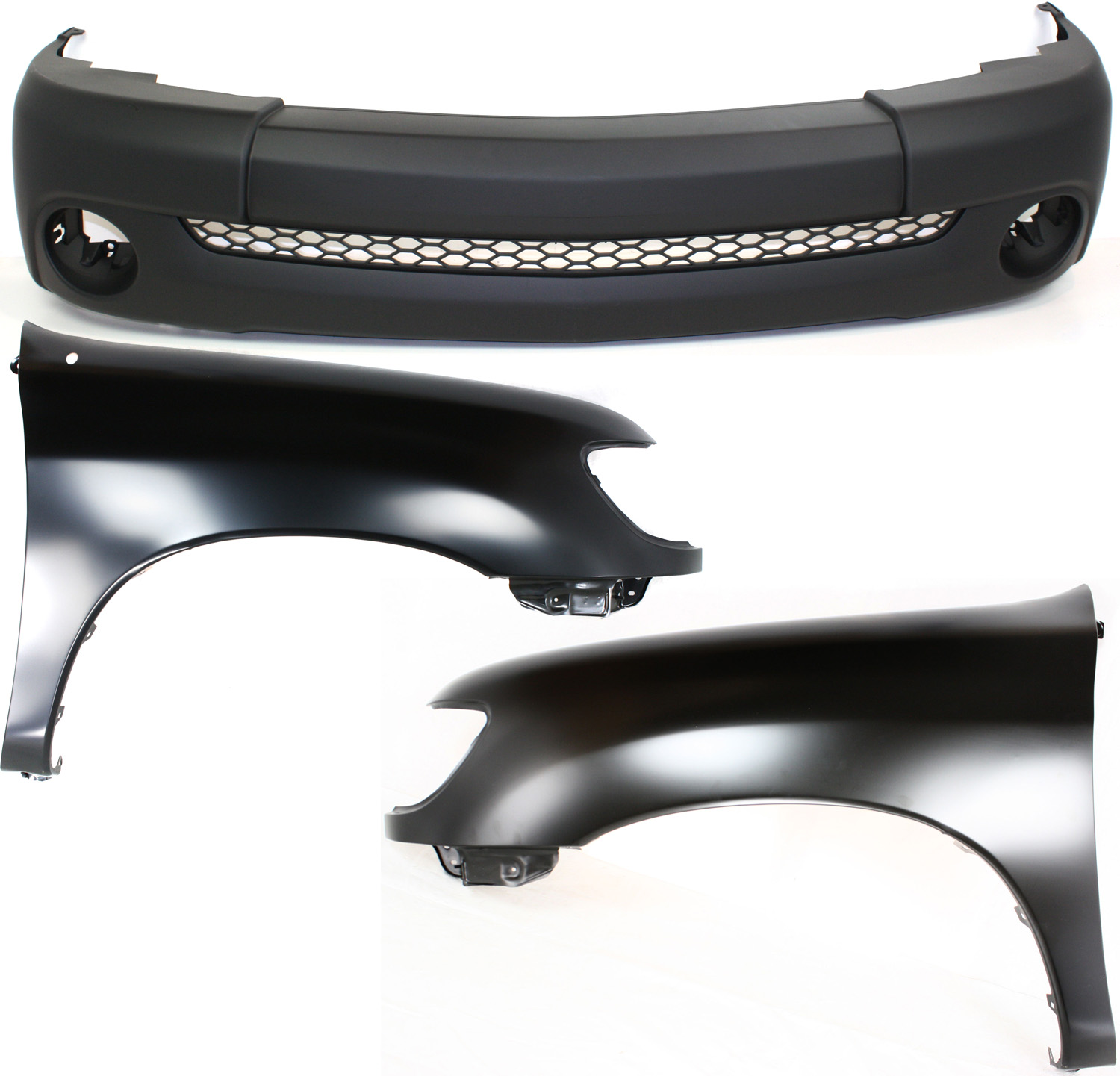 AM TUNDRA 03-03 FRONT BUMPER COVER 3 pc Kit Primed Plastic Base Model Regular Cab with Fenders SKU KIT 010718-237 Partslink TO1000254 TO1240177 TO1241177 OEM 521190C050-538020C031-538010C0