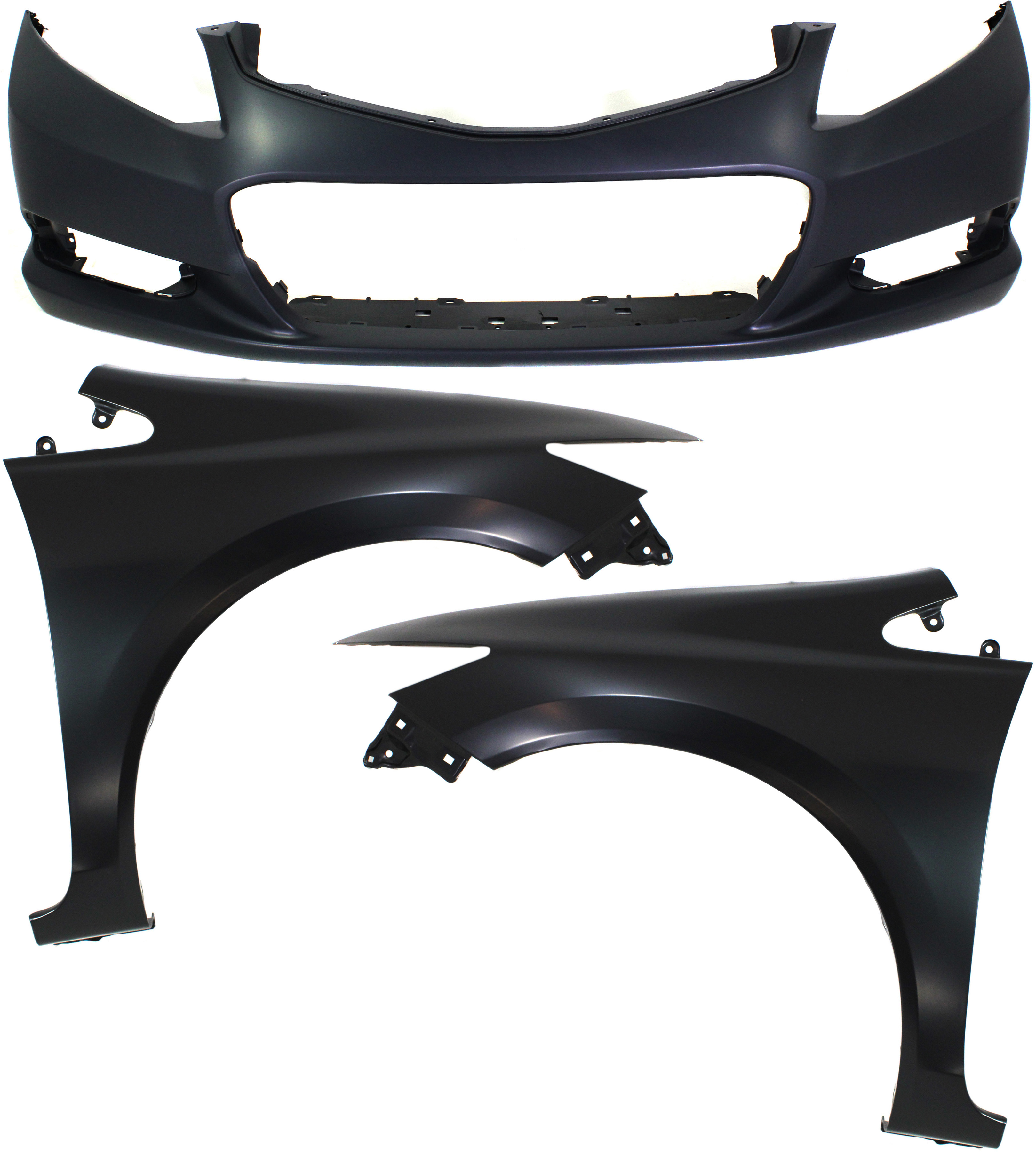 AM CIVIC 12-13 FRONT BUMPER COVER Primed w Fog Light Holes 3 pc Kit with Fenders SKU KIT 010718-28 Partslink HO1000282 HO1241181 HO1240181 OEM 04711TS8A90ZZ 60211TR6305ZZ 60