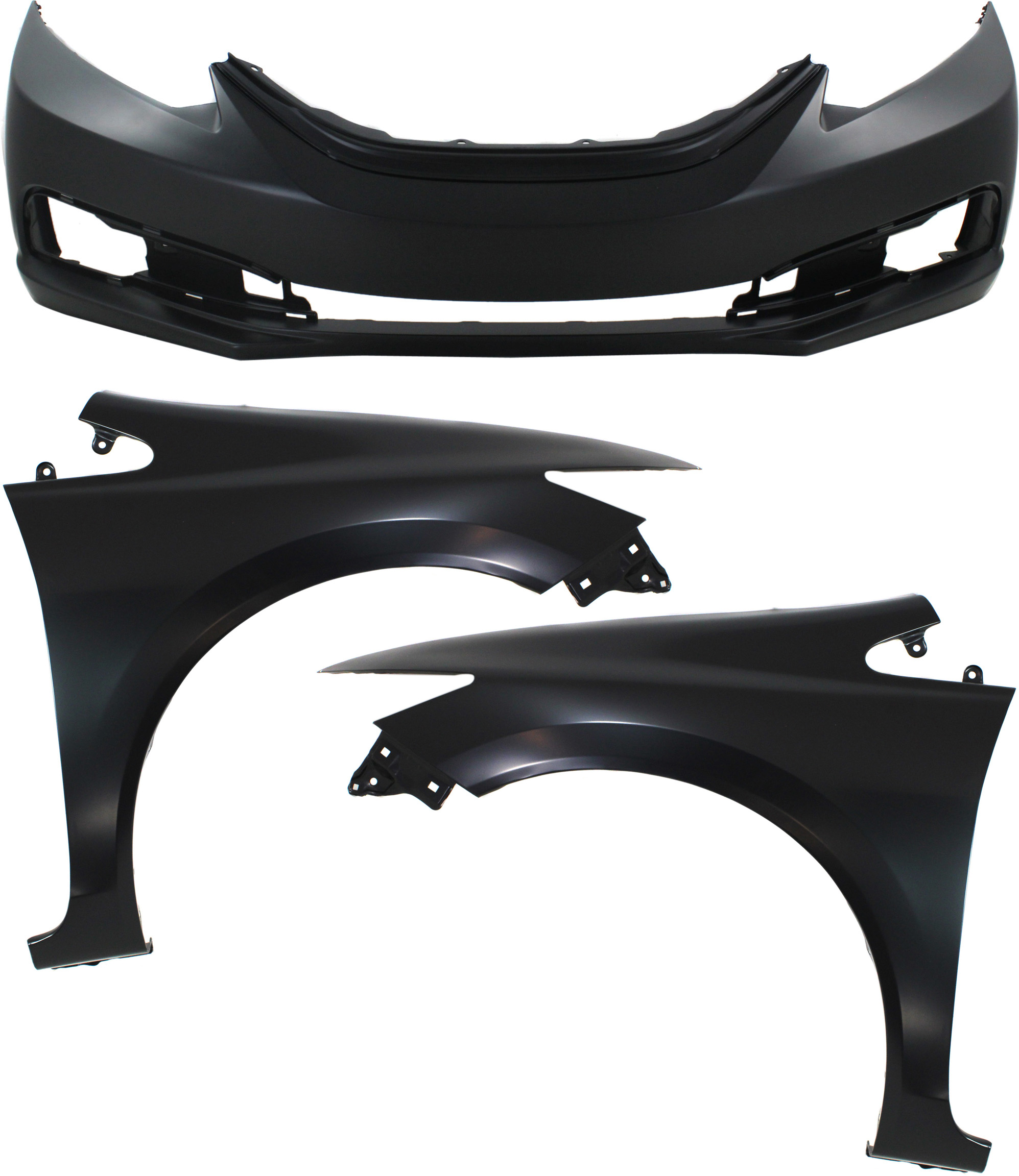 AM CIVIC 13-15 FRONT BUMPER COVER Primed w Fog Light Holes 3 pc Kit with Fenders SKU KIT 010718-29 Partslink HO1000290 HO1241181 HO1240181 OEM 04711TR3A50ZZ 60211TR6305ZZ 60