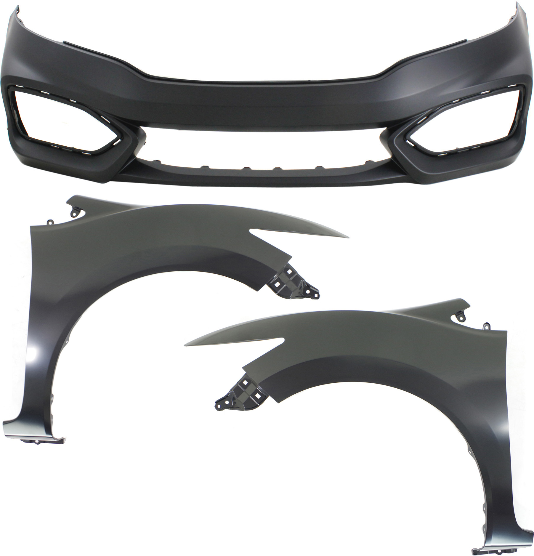 AM CIVIC 14-15 FRONT FENDER RH AND LH Primed Steel w o Molding Holes 3 pc kit with Bumper Cover SKU KIT 010718-30 Partslink HO1240189 HO1241189 HO1000296 OEM 60260TS8A50ZZ 60210TS8A50ZZ 71