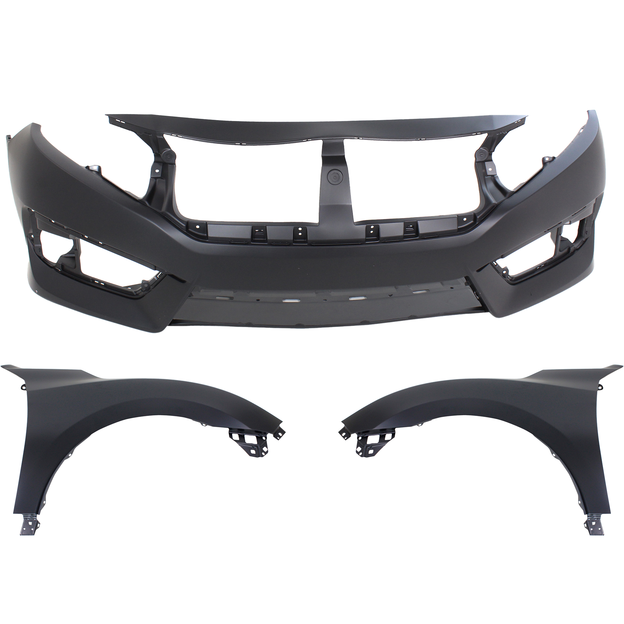AM CIVIC 16-18 FRONT BUMPER COVER Primed 3 pc Kit with Fenders SKU KIT 010718-31 Partslink HO1000306 HO1241192 HO1240192 OEM 04711TBAA00ZZ 60211TBAA00ZZ 60