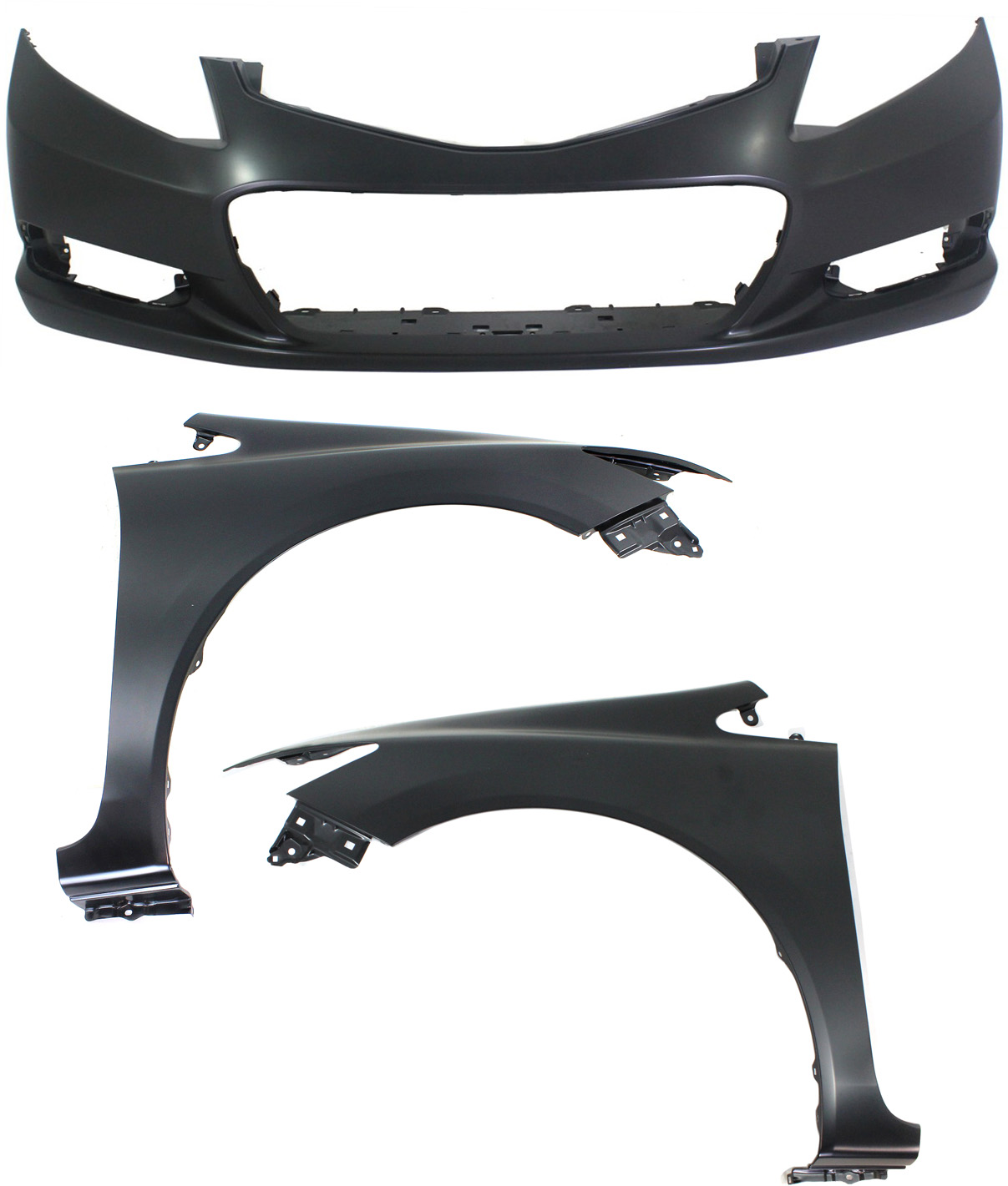 AM CIVIC 12-13 FRONT BUMPER COVER Primed w Fog Light Holes 3 pc Kit with Fenders CAPA SKU KIT 010718-43 Partslink HO1000282C HO1240181C HO1241181C OEM 04711TS8A90ZZ 60211TR6305ZZ 60