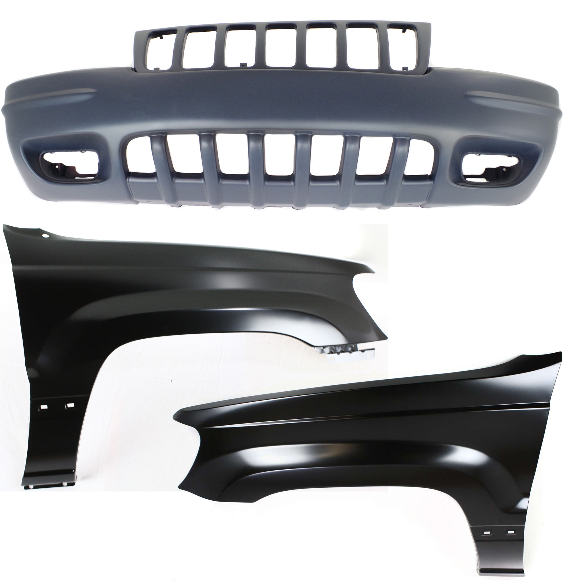AM GRAND CHEROKEE 99-00 FRONT BUMPER COVER 3 pc Kit with Fenders SKU KIT 010718-85 Partslink CH1000266 CH1241211 CH1240211 OEM 5012668AA 55135900AC 55135901A