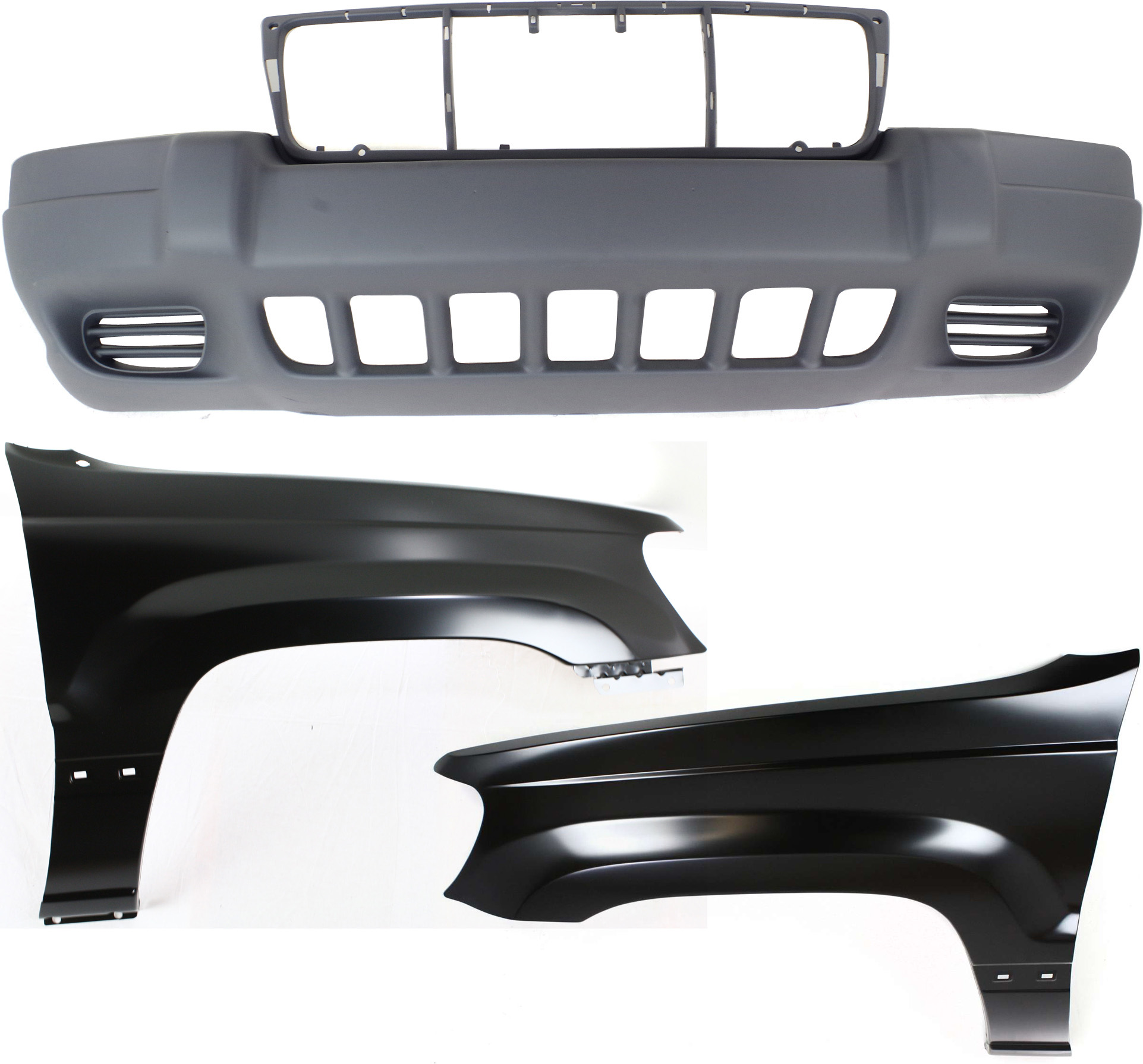 AM GRAND CHEROKEE 99-03 FRONT BUMPER COVER 3 pc Kit with Fenders SKU KIT 010718-88 Partslink CH1000264 CH1241211 CH1240211 OEM 5EU79ZSPAB 5EU79HS5-5EU79XS9AB