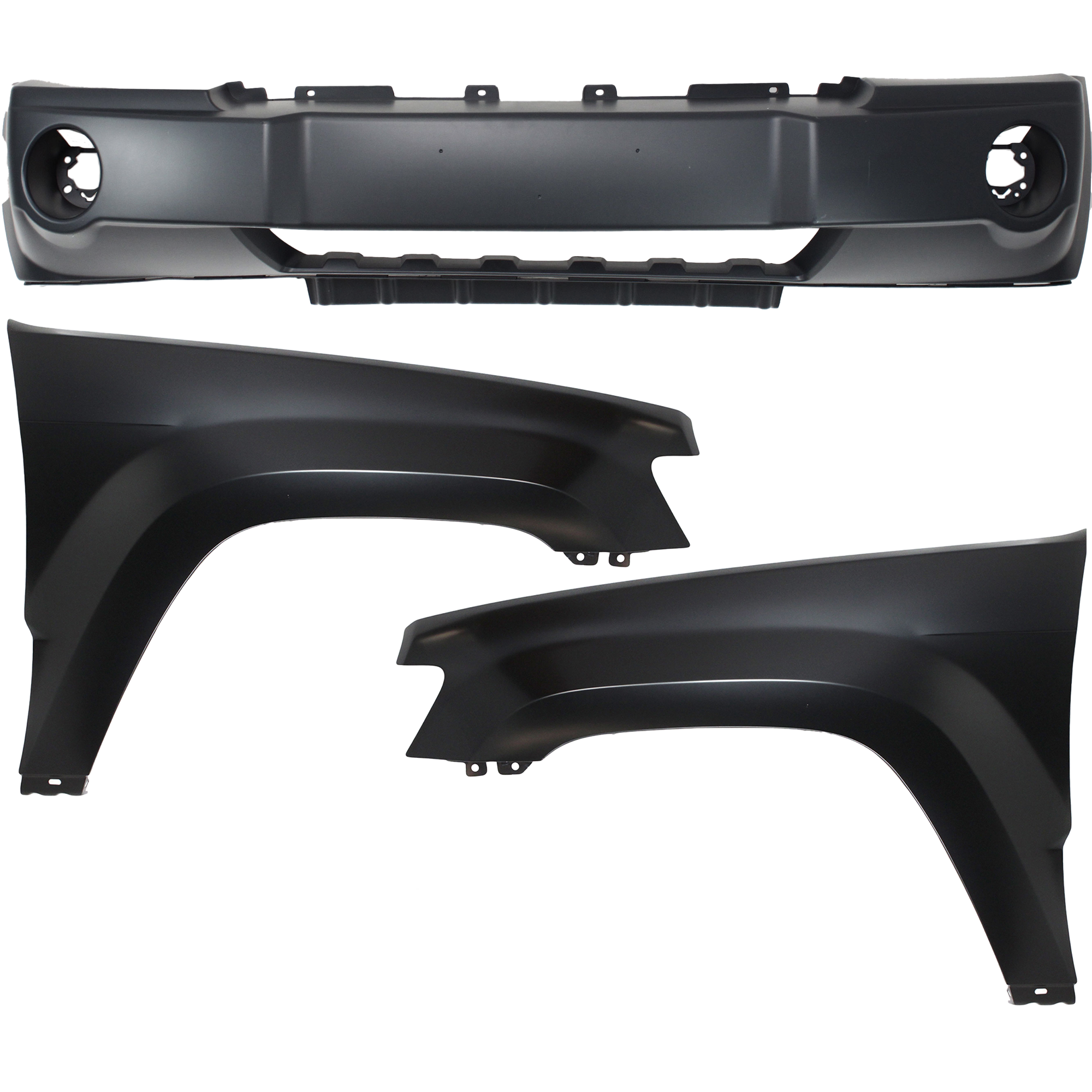 AM GRAND CHEROKEE 05-07 FRONT BUMPER COVER 3 pc Kit with Fenders SKU KIT 010718-89 Partslink CH1000450 CH1241242 CH1240242 OEM 5159124AA 55394450AB 55394451A