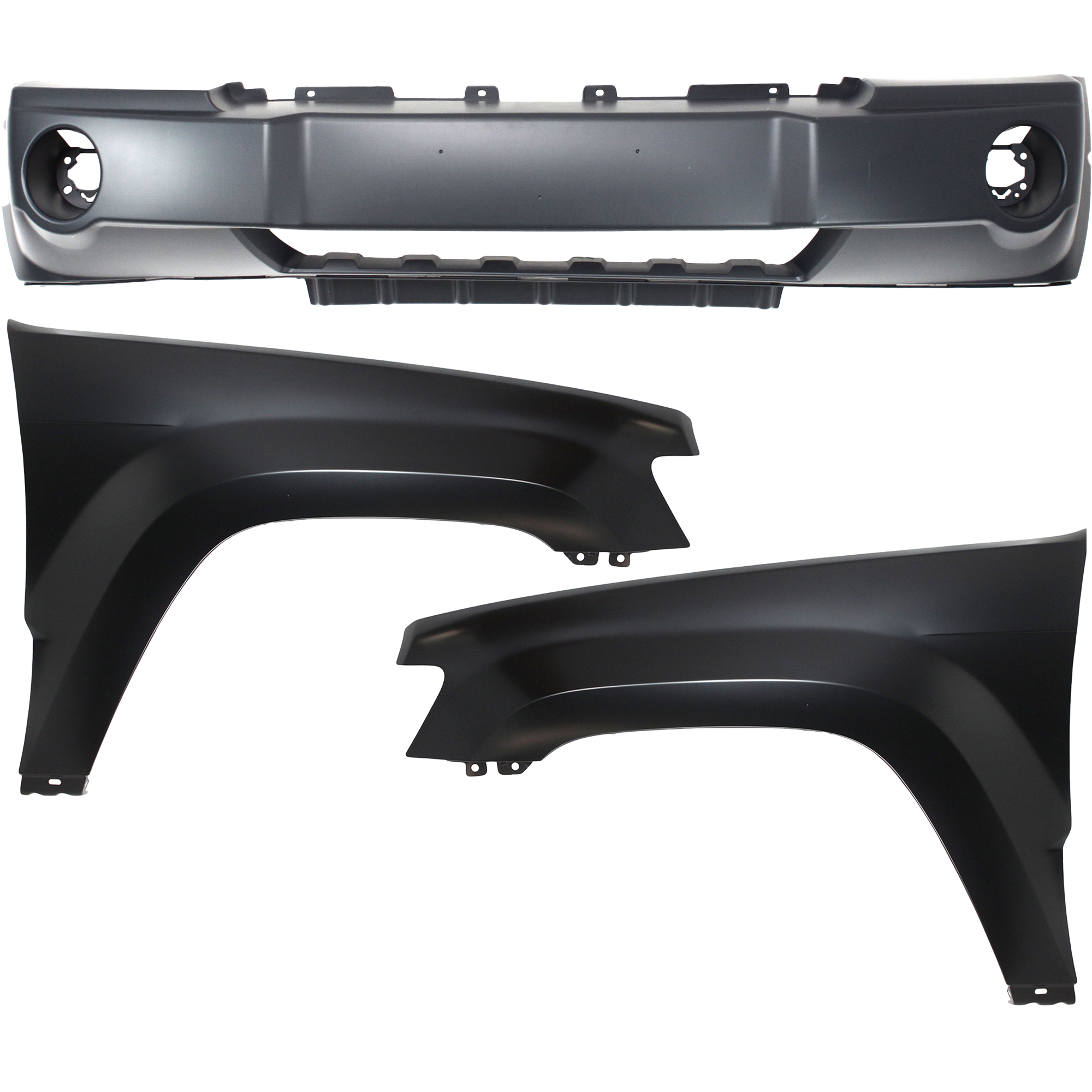 AM GRAND CHEROKEE 05-07 FRONT BUMPER COVER 3 pc Kit with Fenders SKU KIT 010718-90 Partslink CH1000451 CH1241242 CH1240242 OEM 5159130AA 55394450AB 55394451A