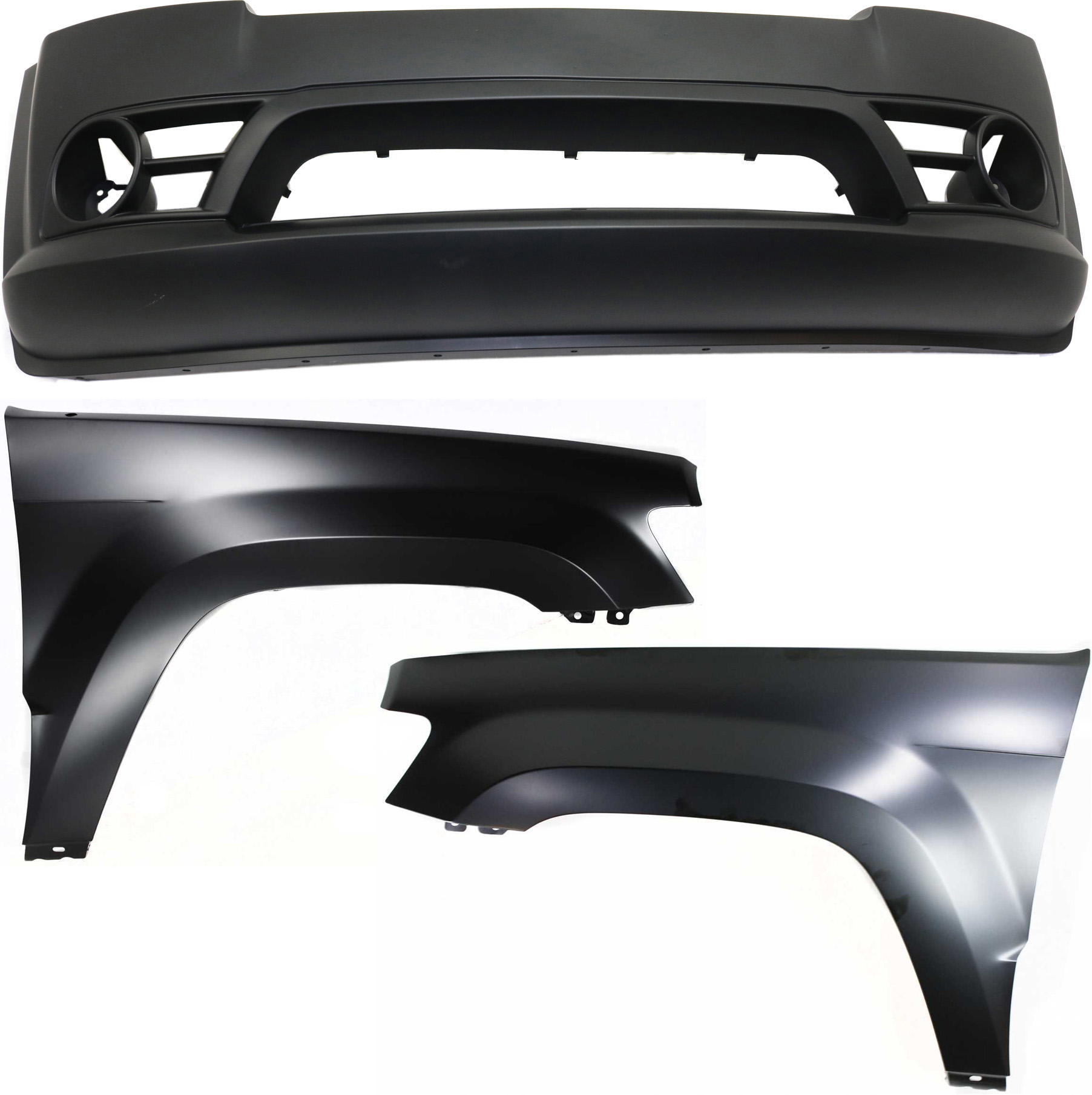 AM GRAND CHEROKEE 06-08 FRONT BUMPER COVER 3 pc Kit with Fenders SKU KIT 010718-91 Partslink CH1000465 CH1241242 CH1240242 OEM 68035608AC 55394450AB 55394451