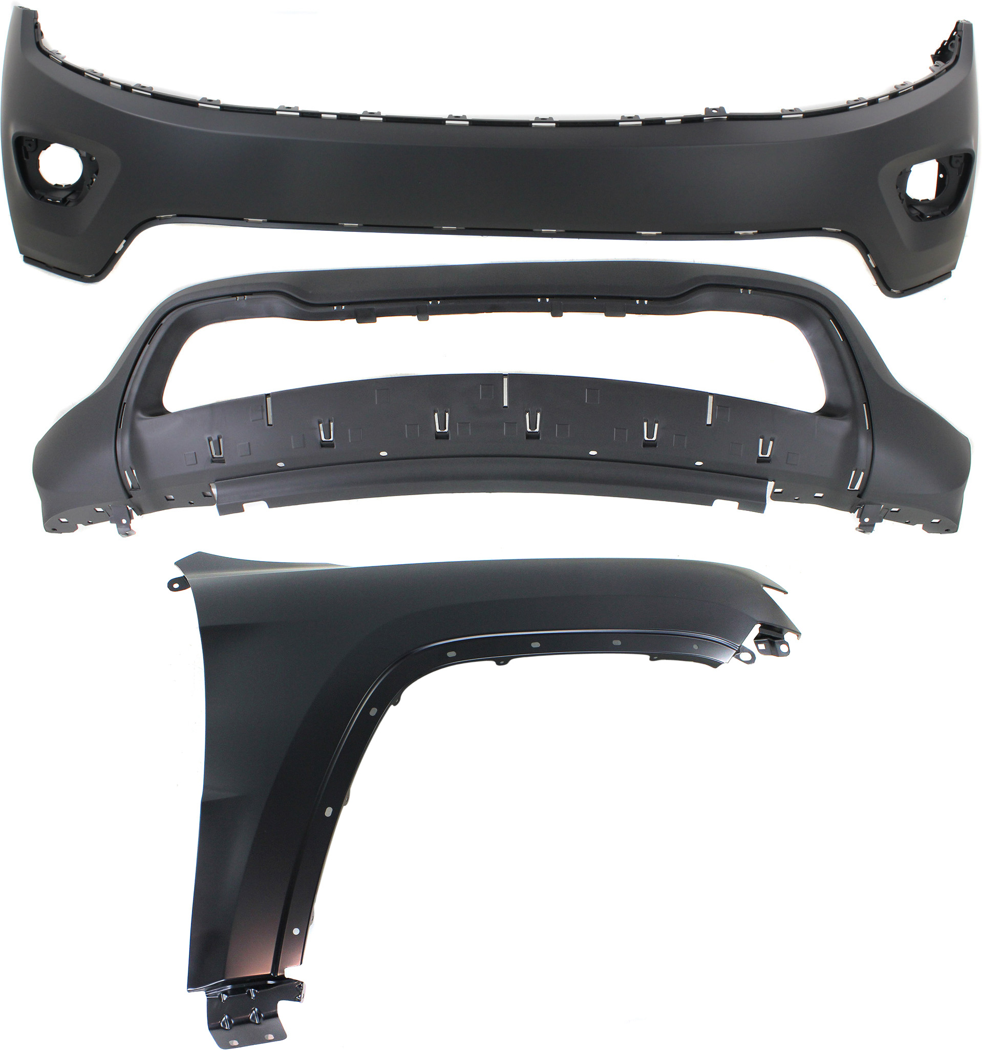AM GRAND CHEROKEE 14-16 FRONT BUMPER COVER 3 pc Kit with Fender SKU KIT 010718-98 Partslink CH1014105 CH1015114 CH1241272 OEM 1WL27TZZAC 68143076AD 55369596