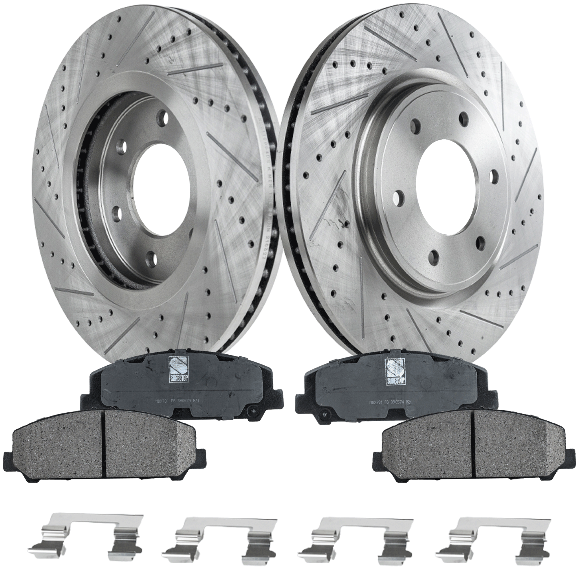 AM ARMADA 08-19 QX56-08-10 TITAN 08-23 FRONT BRAKE DISC AND PAD KIT 4 pc kit Cross drilled and Slotted SKU KIT 010722-04 OEM 31506-44617-0833325-850024-900