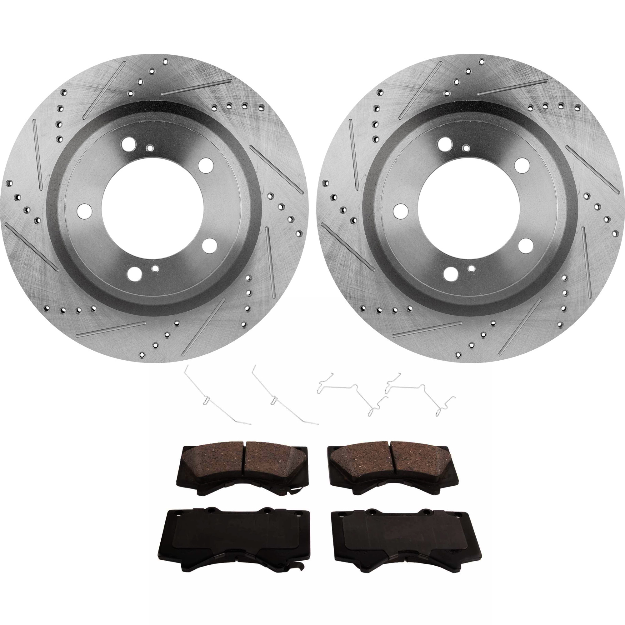AM LAND CRUISER 16-21 SEQUOIA 08-22 TUNDRA 07-21 FRONT BRAKE DISC AND PAD KIT 4 pc kit Cross drilled and Slotted SKU KIT 010722-92 OEM 90076136-980583FZN HC31482X 04