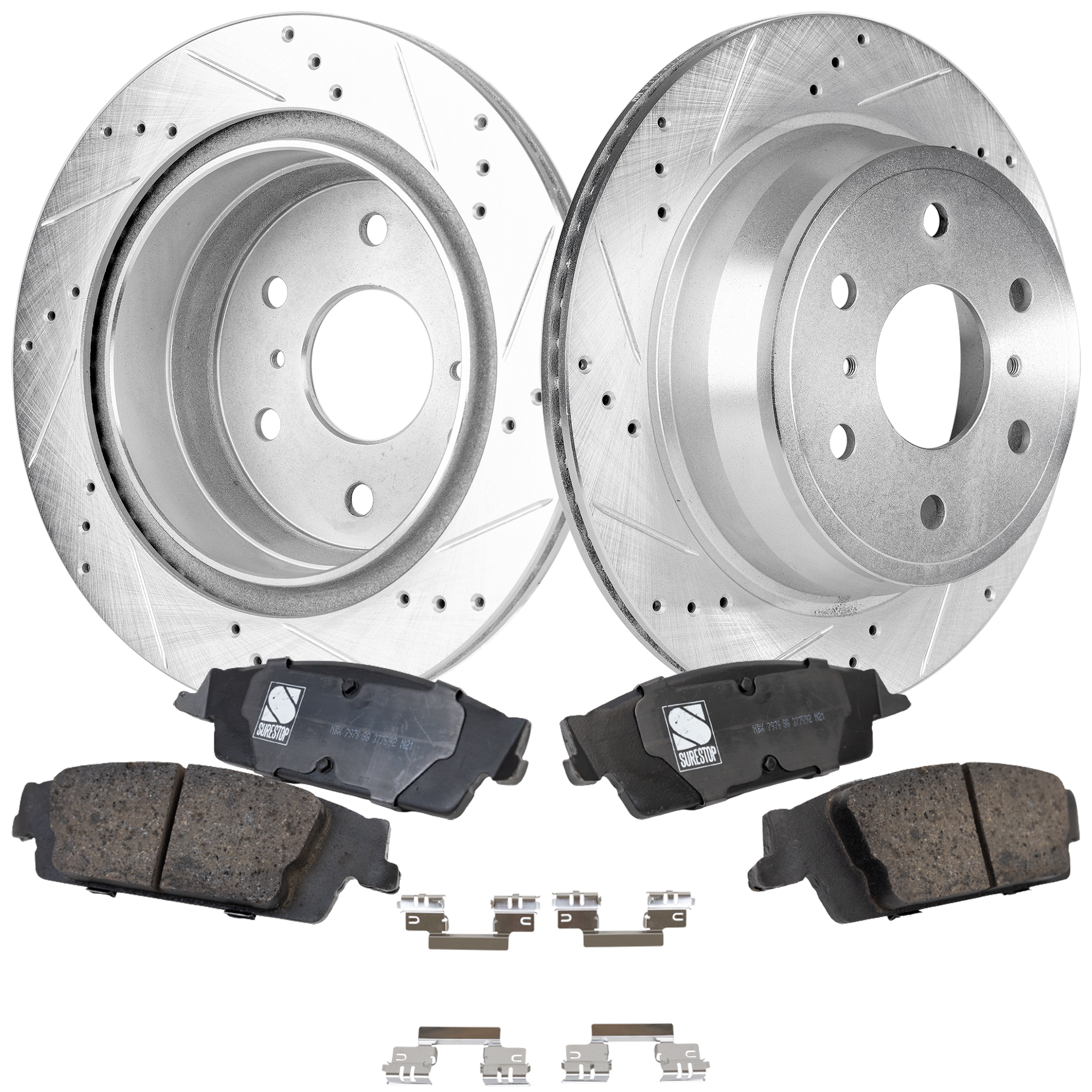 AM SILVERADO SIERRA 1500-18-18 TAHOE 18-20 REAR BRAKE DISC AND PAD KIT 2 Wheel Set Cross drilled and Slotted SKU KIT 010723-03 OEM 90048053-580422FZN 581032FZN 2