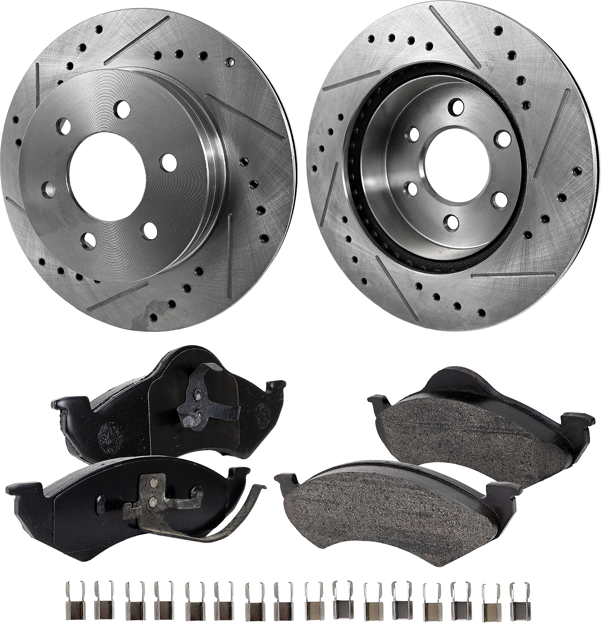 AM DURANGO 98-99 DAKOTA 99 FRONT BRAKE DISC AND PAD KIT 4 pc kit Cross drilled and Slotted SKU KIT 010923-06 OEM 5382-19748-65940-76645-86645-1