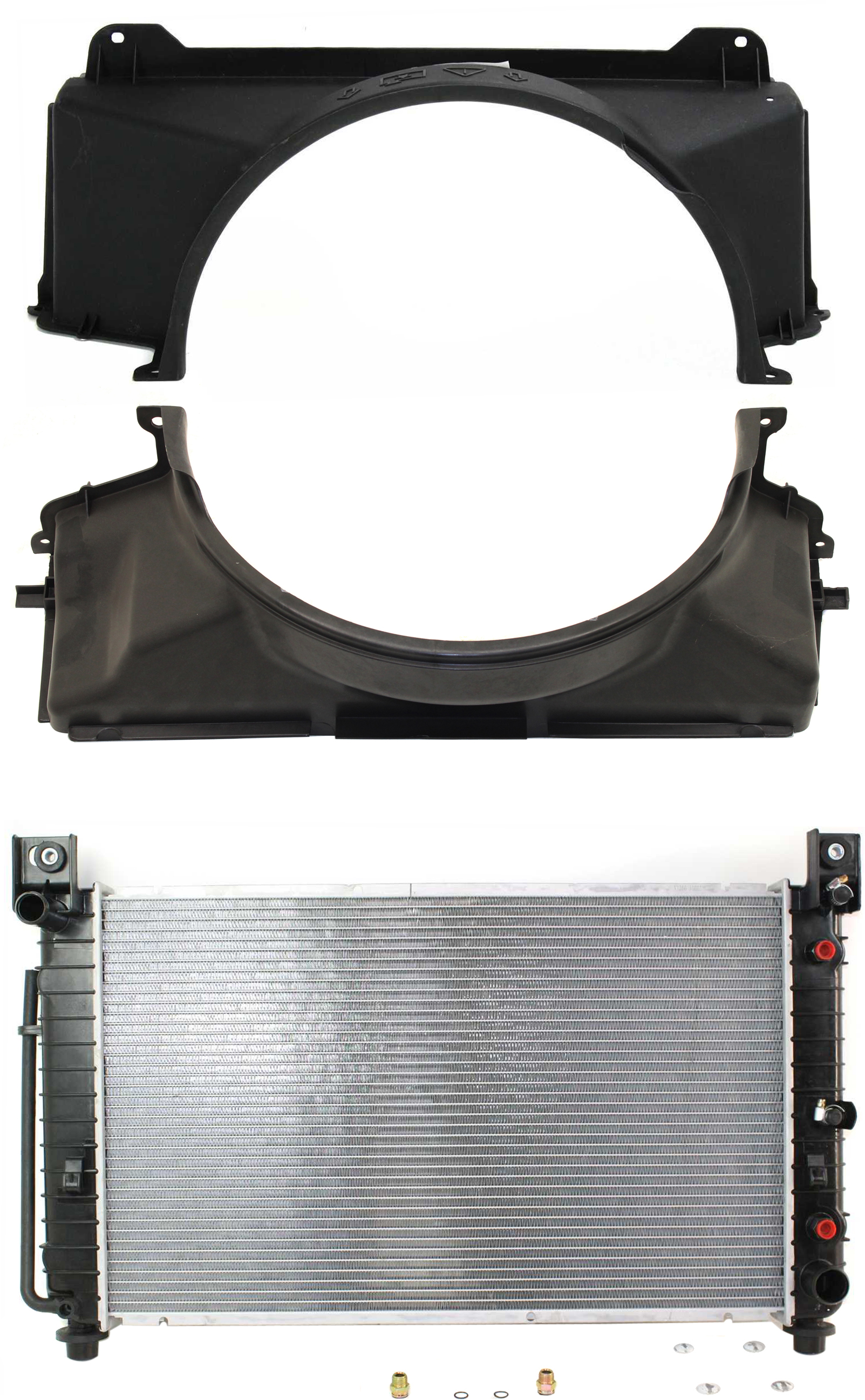 AM SILVERADO SIERRA 1500-99-04 RADIATOR 3 pc Kit Auto Trans 8 Cyl 4.8L 5.3L Eng. Aluminum 28 in Core Size w o Tow Package w Fan Shroud SKU KIT 011019-09 Partslink GM3010436 GM3110137 GM3110134 OEM 15193110-15707562-15088327