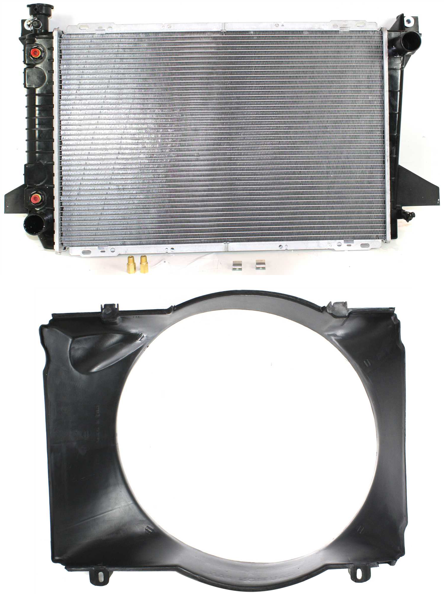 AM F SERIES 87-93 RADIATOR 8 Cyl. Eng. 2 pc Kit with Fan Shroud SKU KIT 011019-32 Partslink FO3010135 FO3110112 OEM F2TZ8005DA E5TZ8146H
