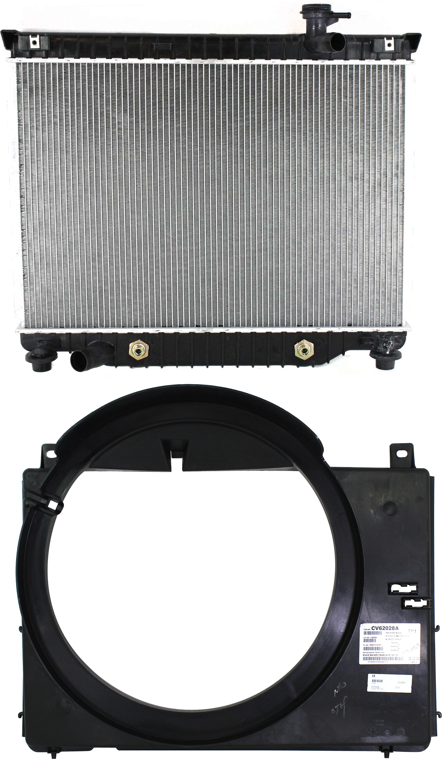 AM ENVOY TRAILBLAZER 02-09 RADIATOR 4.2L Eng. 2 pc Kit with Fan Shroud SKU KIT 011019-35 Partslink GM3010420 GM3110151 OEM 15196385-15170459