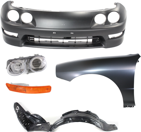 AM INTEGRA 98-01 FRONT BUMPER COVER 5 pc kit Primed GS GS R LS Models USA Built Vehicle with Fender Fender Liner Headlight and Turn Signal Light SKU KIT 011116-60 Partslink AC1000130 AC1240107 AC1248101 AC2502104 AC2530106 OEM 04711ST7A91ZZ 60261ST7A91ZZ 74
