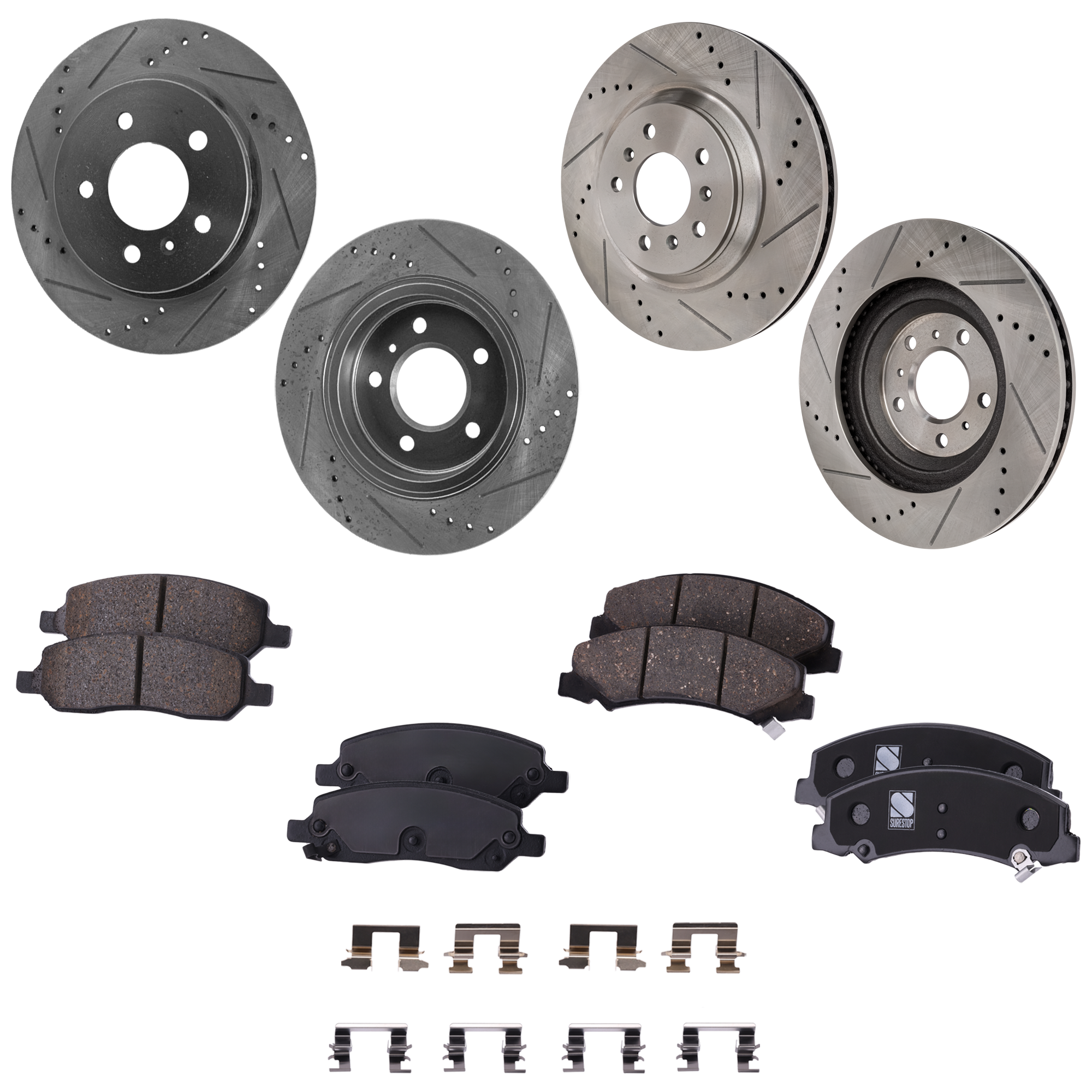 AM DTS LUCERNE 06-11 FRONT AND REAR BRAKE DISC AND PAD KIT 4 Wheel Set Cross drilled and Slotted SKU KIT 011123-02 OEM 41-219-551-276-028-600-000-000-000