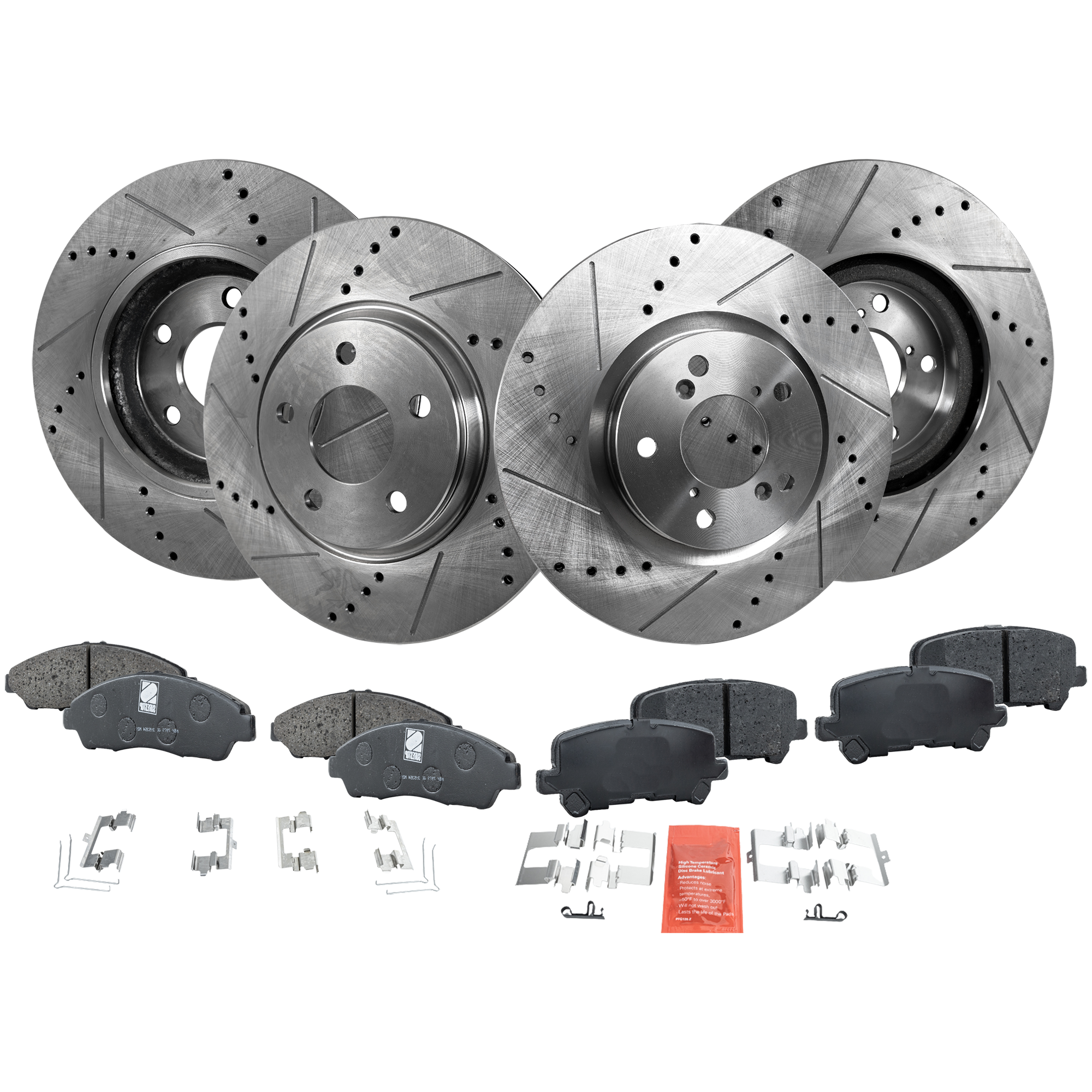 AM MDX 07-13 FRONT AND REAR BRAKE DISC AND PAD KIT 8 pc kit Cross drilled and Slotted SKU KIT 011223-01 OEM 31468-44605-0833322-900530-600