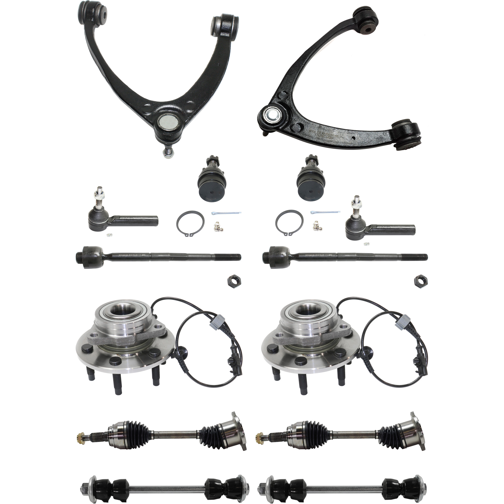 AM ESCALADE TAHOE YUKON 07-14 FRONT CONTROL ARM RH AND LH Upper 14 pc Kit with Axle Assemblies Ball Joints Control Arms Sway Bar Links Tie Rod Ends and Wheel Hubs SKU KIT 011321-04 OEM 104327-2601528-5051272-1247281