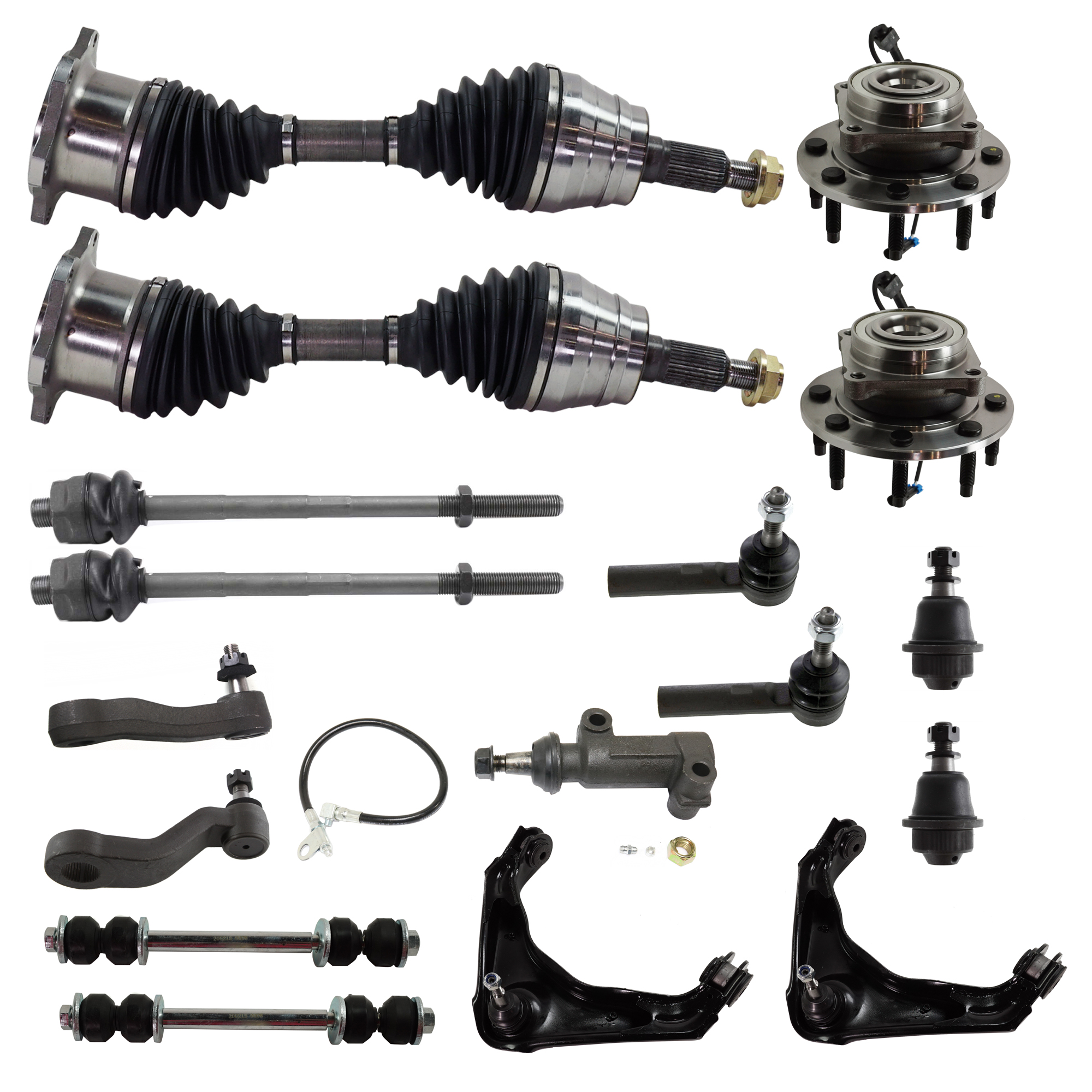 AM SIERRA SILVERADO 01-07 FRONT CONTROL ARM KIT RH AND LH Upper 17 pc Kit with Axle Assemblies Ball Joints Idler Arm Idler Arm Bracket Pitman Arm Sway Bar Links Tie Rod Ends and Wheel Hubs SKU KIT 011321-11 OEM 114327-2601529-2601654-5051