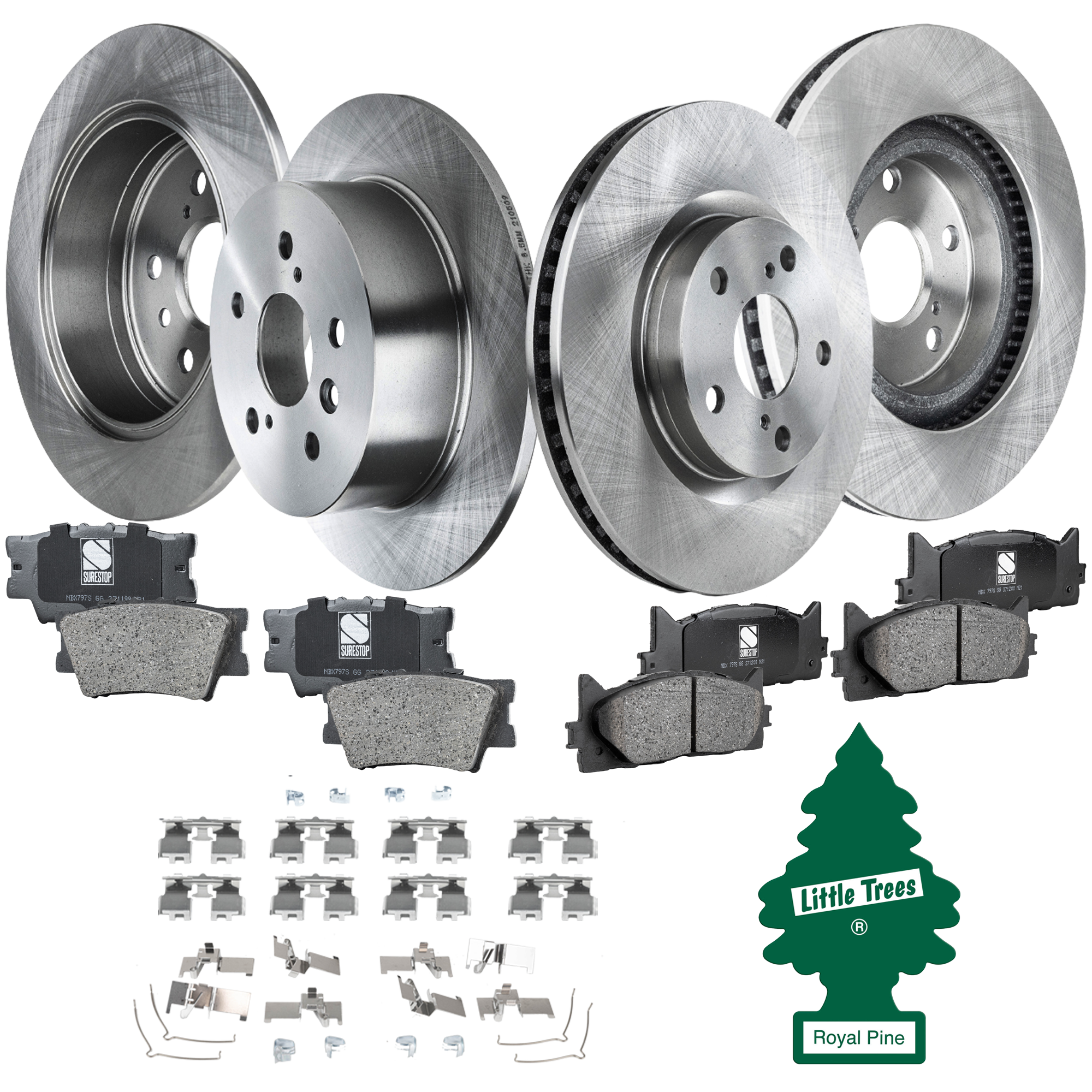 AM CAMRY 12-17 AVALON 13-18 FRONT AND REAR BRAKE DISC AND PAD KIT 9 pc Kit 5 Lugs Ceramic Freebies with Air Freshener SKU KIT 011321-15F OEM 44749-0833521-850308-980972-60