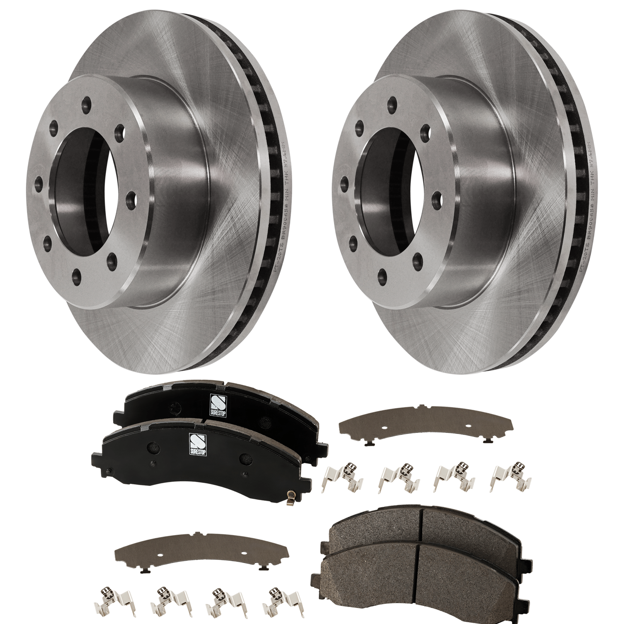 AM RAM 2500-3500-19-22 FRONT BRAKE DISC AND PAD KIT 4 pc Kit Plain Surface 8 Lugs Semi Metallic with Brake Disc and Brake Pad Set SKU KIT 011325-01 OEM 43168-53057-850123-900658-6004