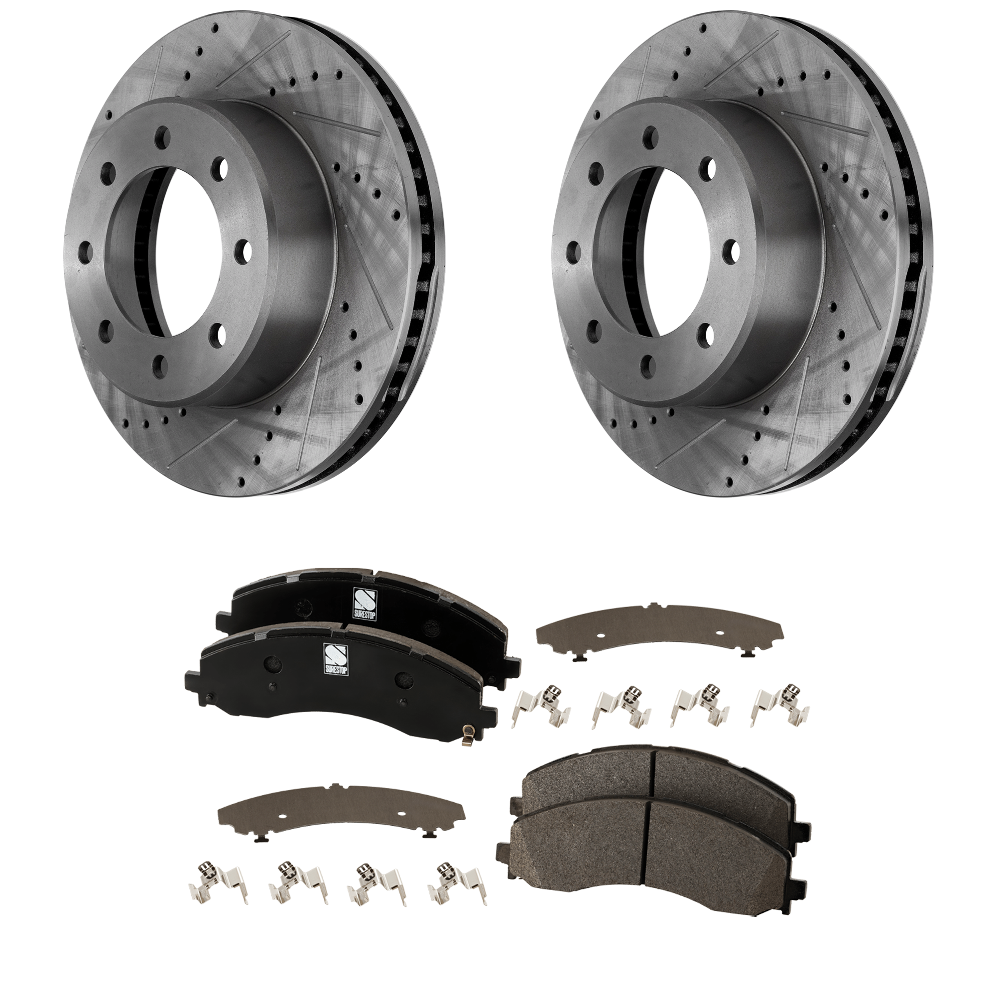 AM RAM 2500-3500-19-22 FRONT BRAKE DISC AND PAD KIT 2 Wheel Set Cross drilled and Slotted 8 Lugs Semi Metallic with Brake Disc and Brake Pad Set SKU KIT 011325-02 OEM 43168-53057-850123-900658-6004