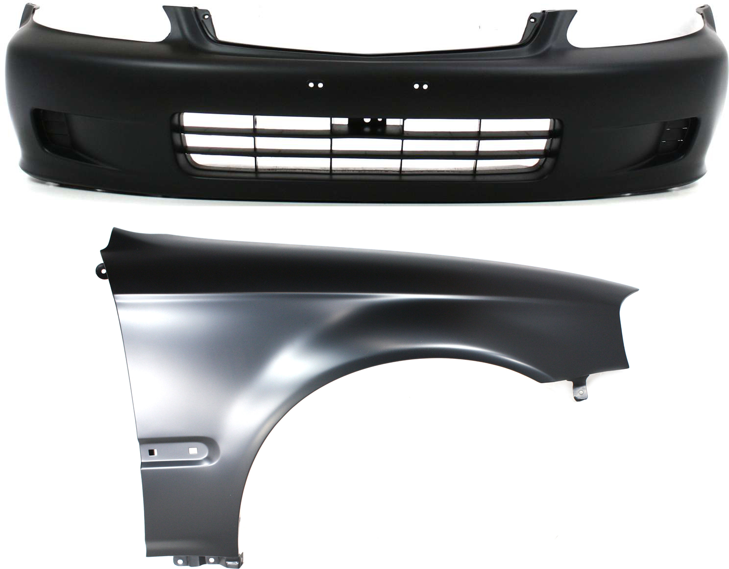 AM CIVIC 99-00 FRONT BUMPER COVER 2 pc Kit with Fender Canada Japan or USA Built Vehicle SKU KIT 011418-02 Partslink HO1000184 HO1241151 OEM 04711S01A01ZZ 60211S01A10ZZ