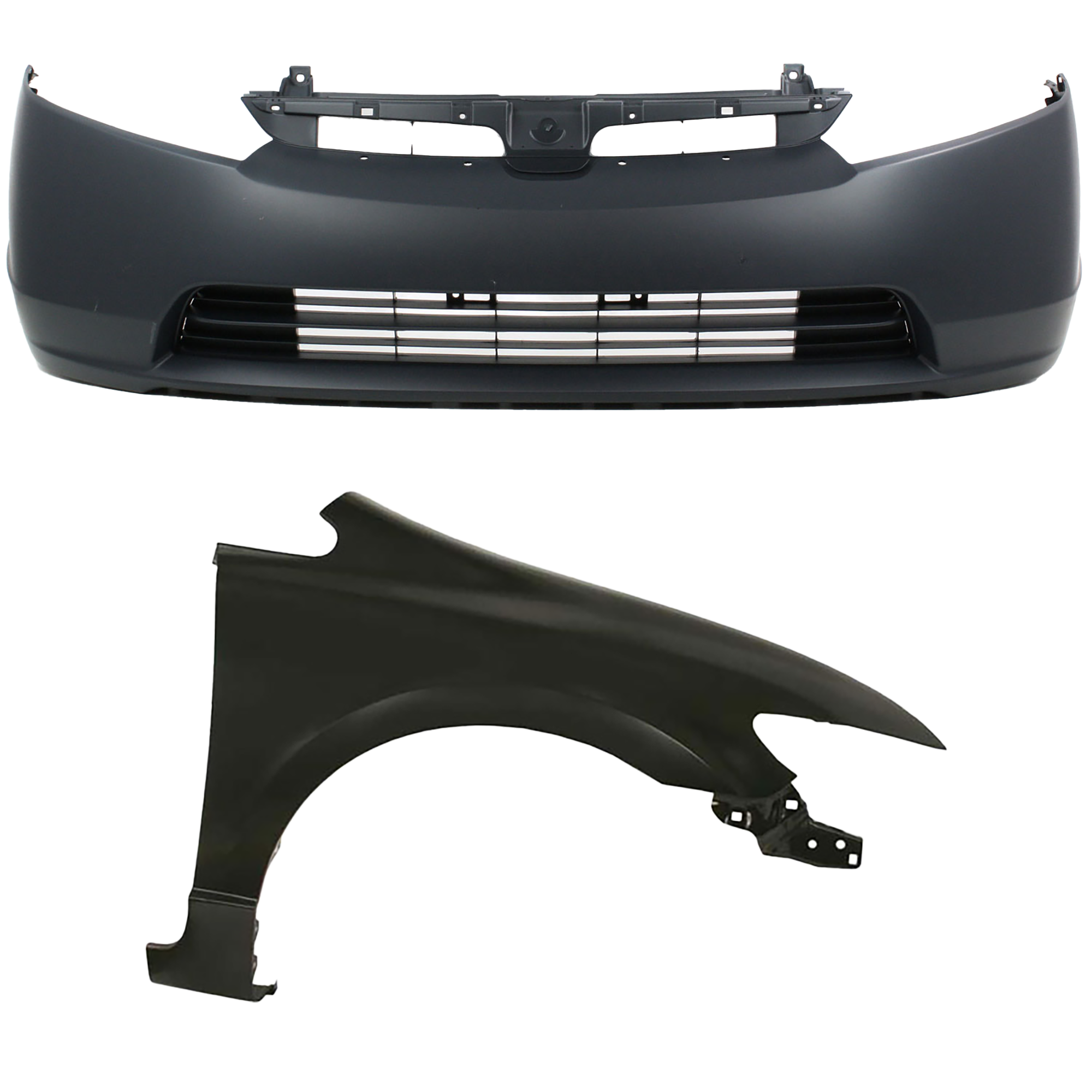 AM CIVIC 07-08 FRONT BUMPER COVER 2 pc Kit with Fender Sedan SKU KIT 011418-06 Partslink HO1000259 HO1241168 OEM 04711SNXA90ZZ 60211SNAA90ZZ