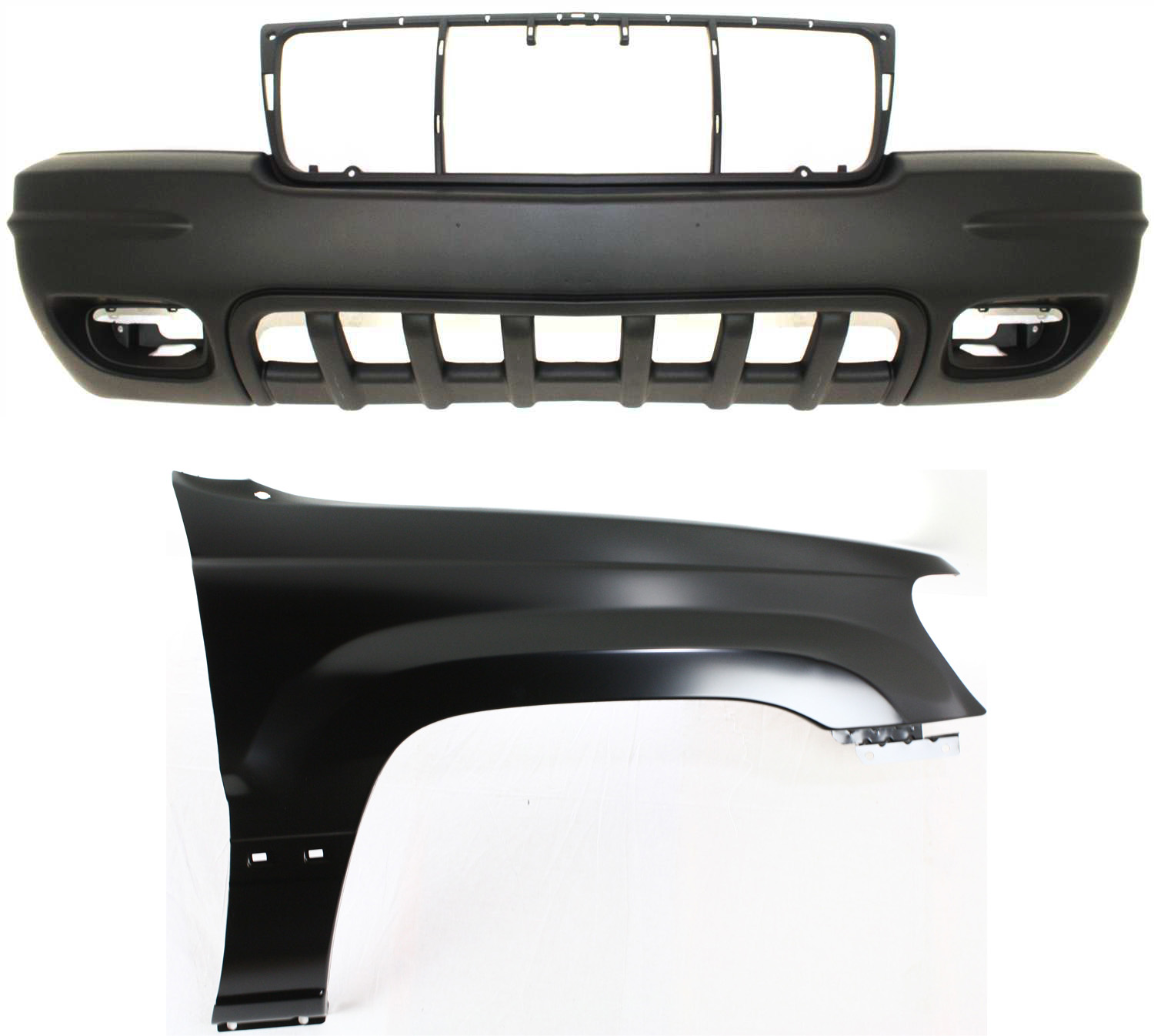 AM GRAND CHEROKEE 01-03 FRONT BUMPER COVER 2 pc Kit with Fender SKU KIT 011418-101 Partslink CH1000311 CH1241211 OEM 5083100AA 55135900AC