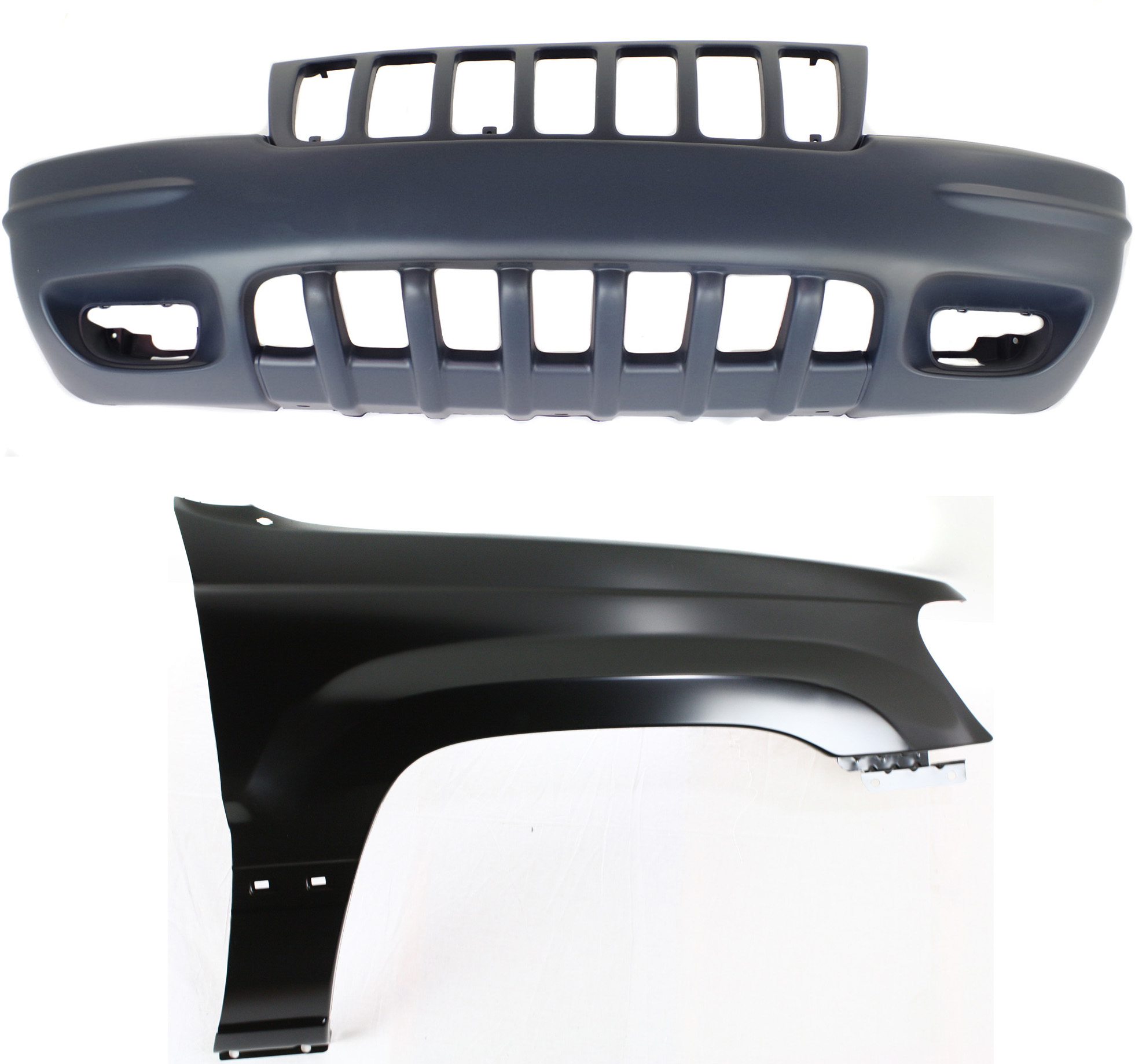 AM GRAND CHEROKEE 99-00 FRONT BUMPER COVER 2 pc Kit with Fender SKU KIT 011418-103 Partslink CH1000266 CH1241211 OEM 5012668AA 55135900AC