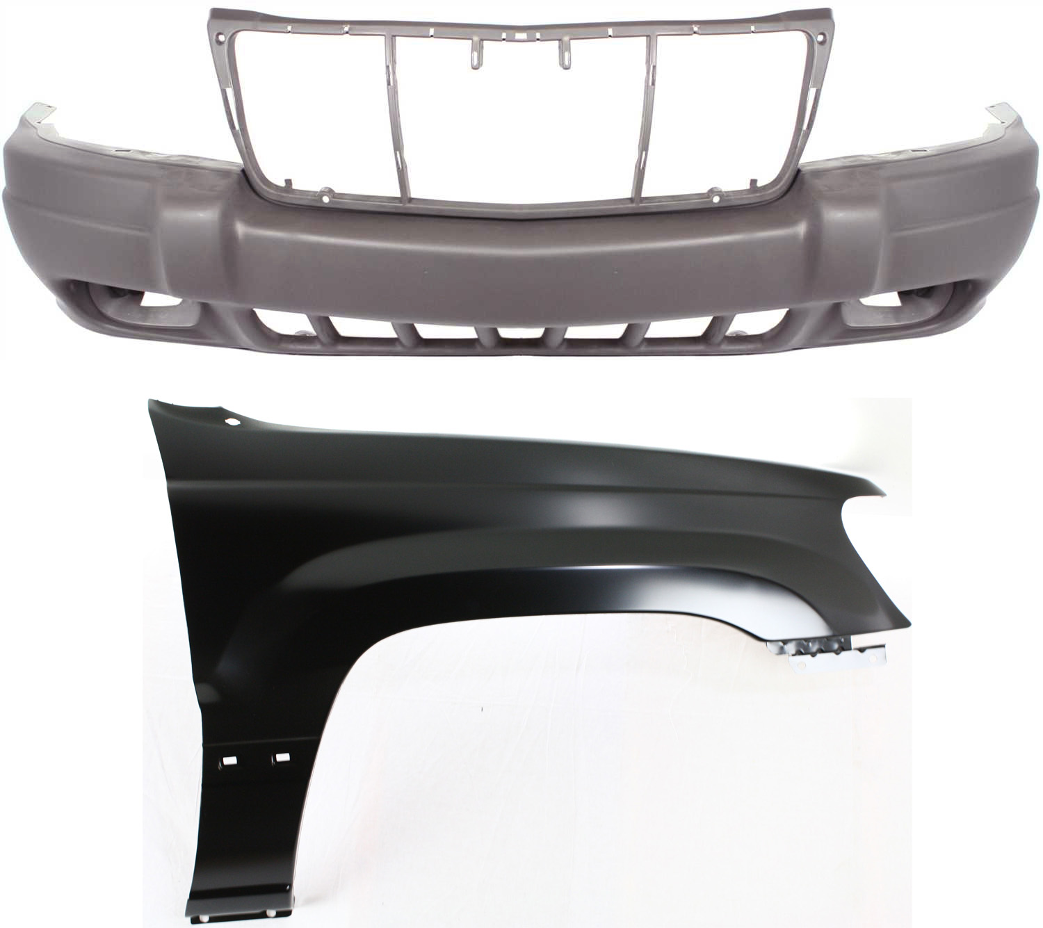 AM GRAND CHEROKEE 99-03 FRONT BUMPER COVER 2 pc Kit with Fender SKU KIT 011418-105 Partslink CH1000312 CH1241211 OEM 5FN29VF7AB 5FN29WLPAB 55135900