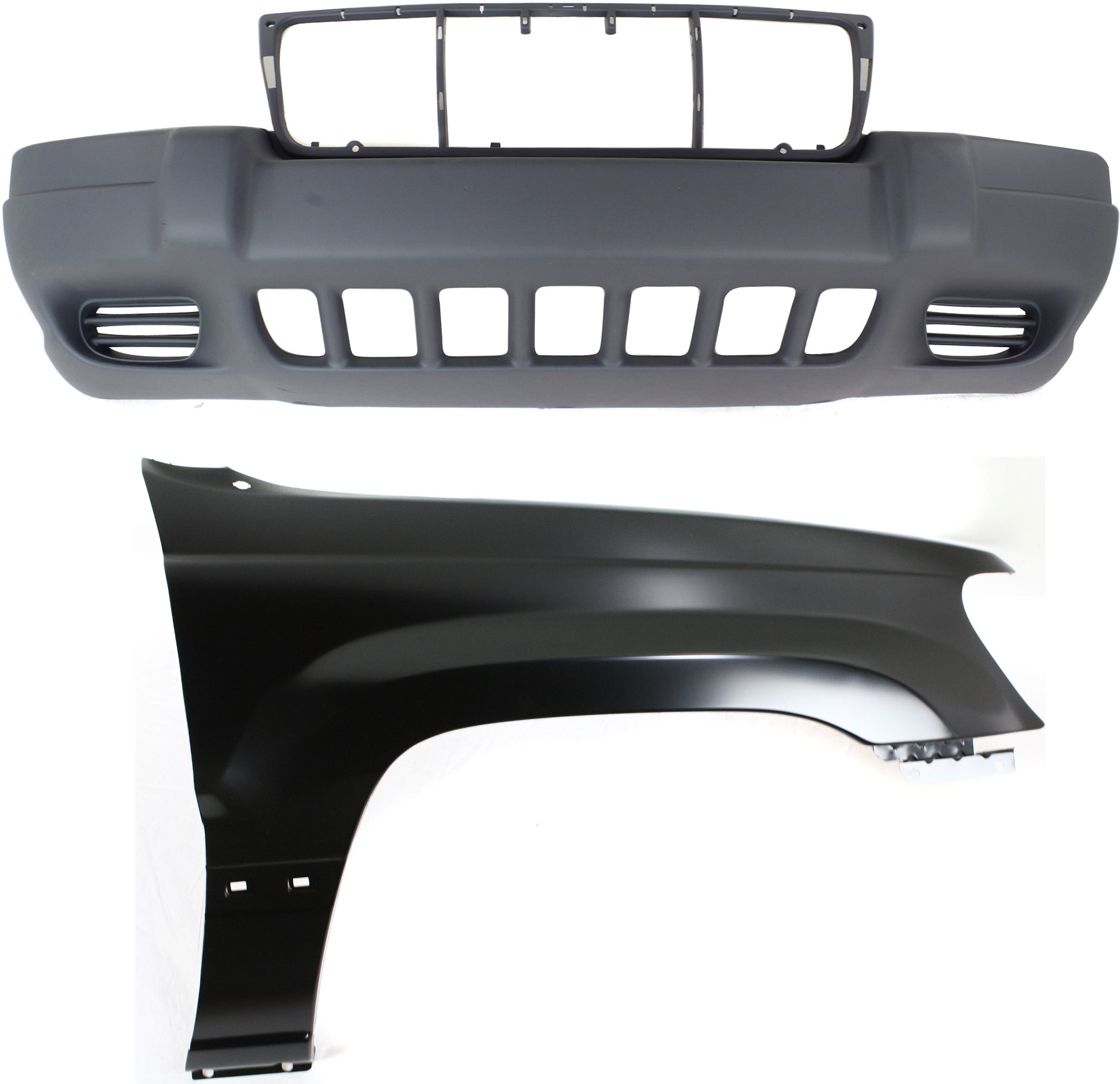 AM GRAND CHEROKEE 99-03 FRONT BUMPER COVER 2 pc Kit with Fender SKU KIT 011418-106 Partslink CH1000264 CH1241211 OEM 5EU79ZSPAB 5EU79HS5-5EU79XS9AB