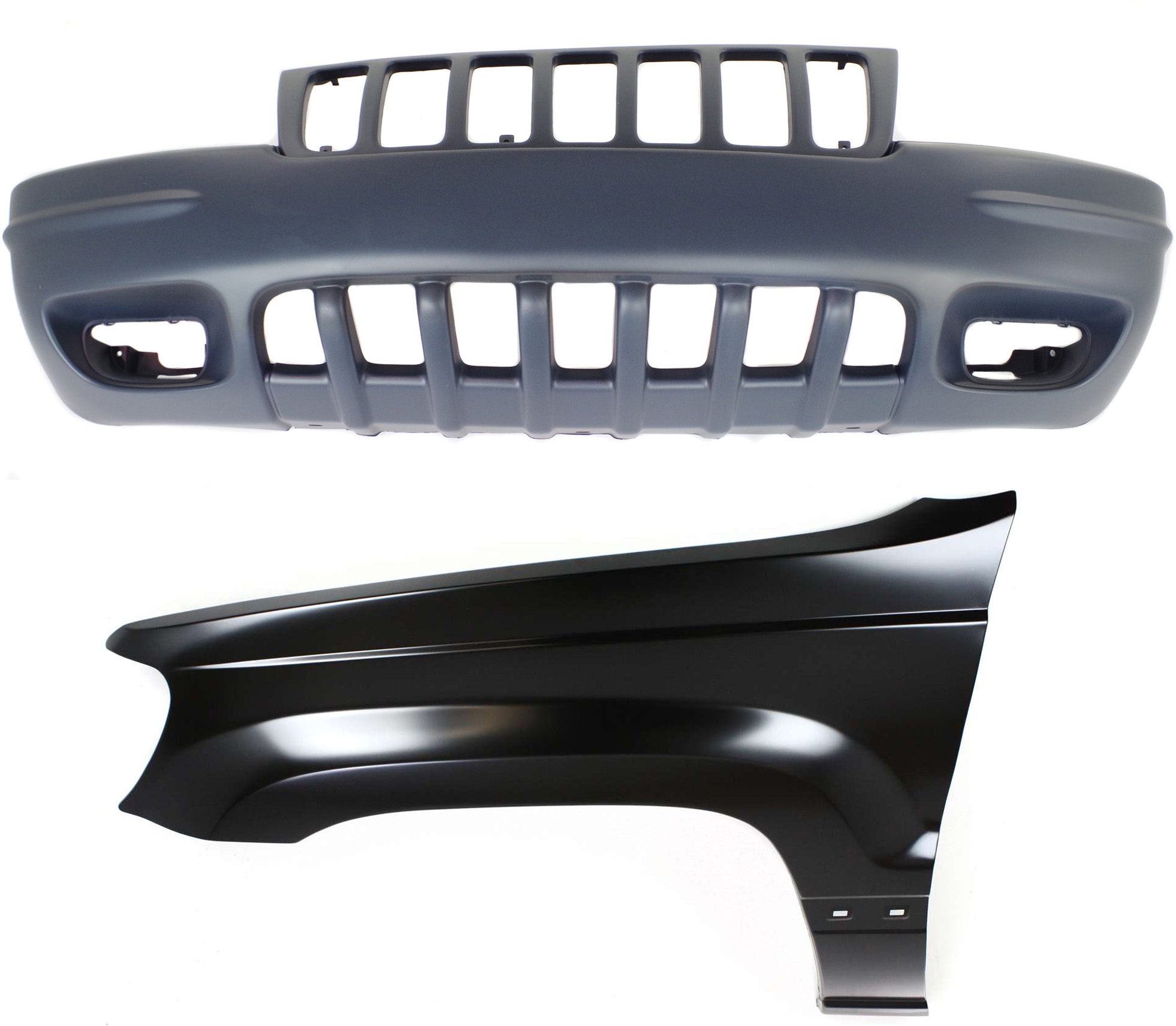 AM GRAND CHEROKEE 99-00 FRONT BUMPER COVER 2 pc Kit with Fender SKU KIT 011418-115 Partslink CH1000266 CH1240211 OEM 5012668AA 55135901AC