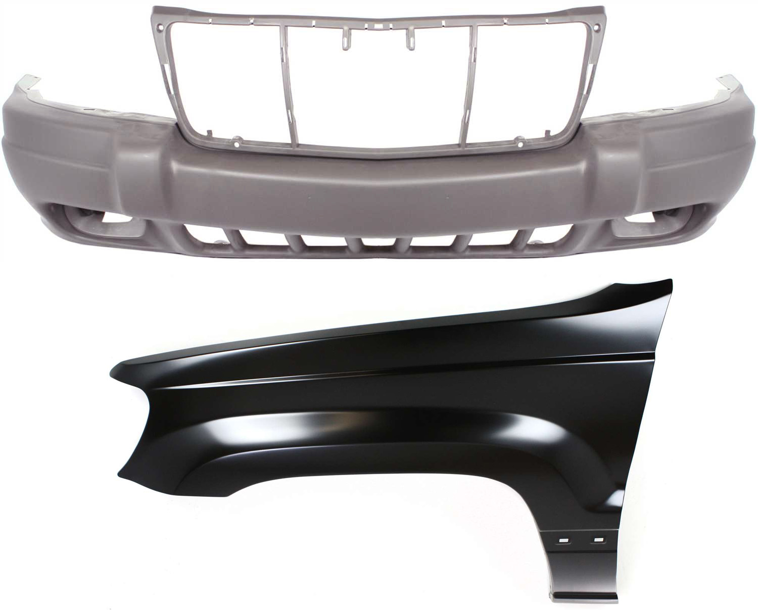 AM GRAND CHEROKEE 99-03 FRONT BUMPER COVER 2 pc Kit with Fender SKU KIT 011418-117 Partslink CH1000312 CH1240211 OEM 5FN29VF7AB 5FN29WLPAB 55135901