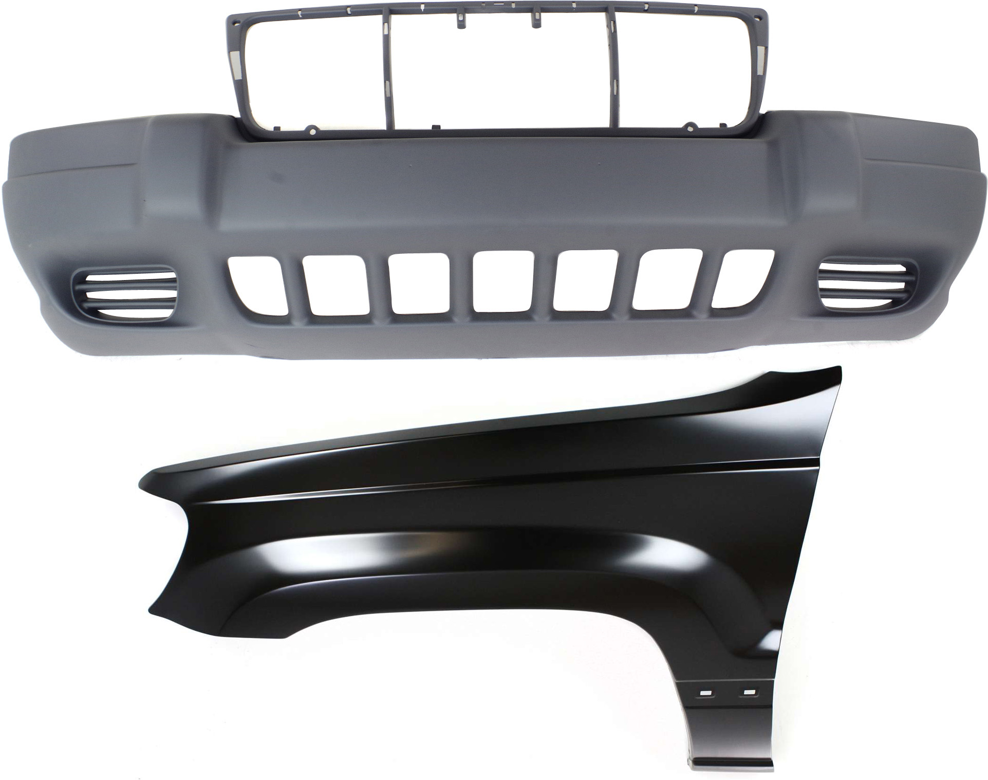 AM GRAND CHEROKEE 99-03 FRONT BUMPER COVER 2 pc Kit with Fender SKU KIT 011418-118 Partslink CH1000264 CH1240211 OEM 5EU79ZSPAB 5EU79HS5-5EU79XS9AB