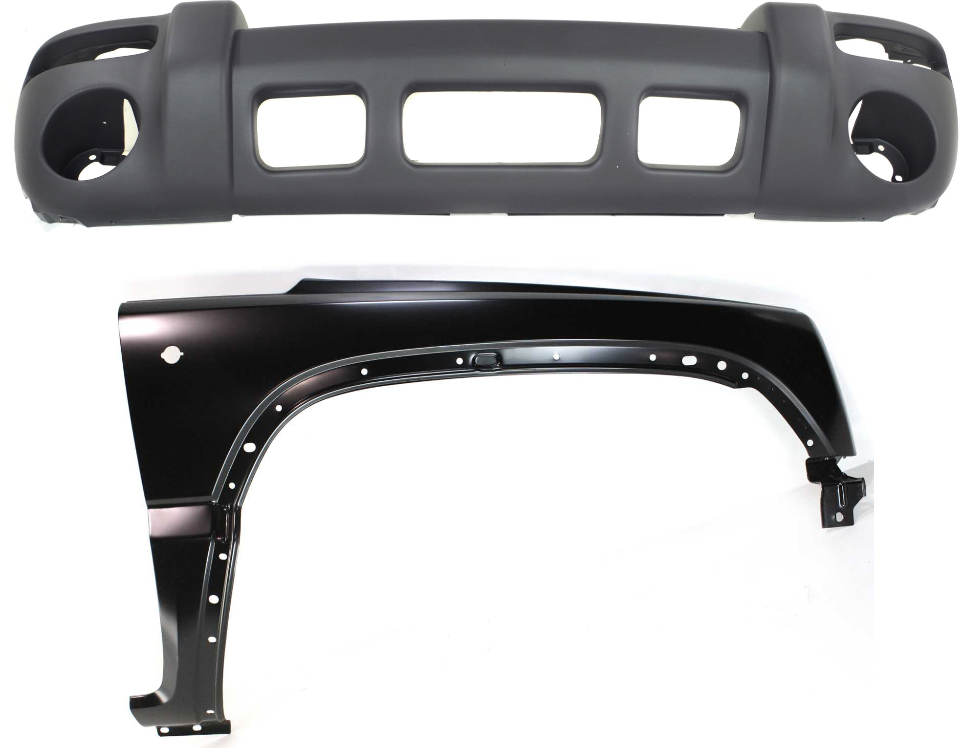 AM LIBERTY 02-04 FRONT BUMPER COVER 2 pc Kit with Fender SKU KIT 011418-125 Partslink CH1000367 CH1241231 OEM 5GJ63HS5AC 55177100AD