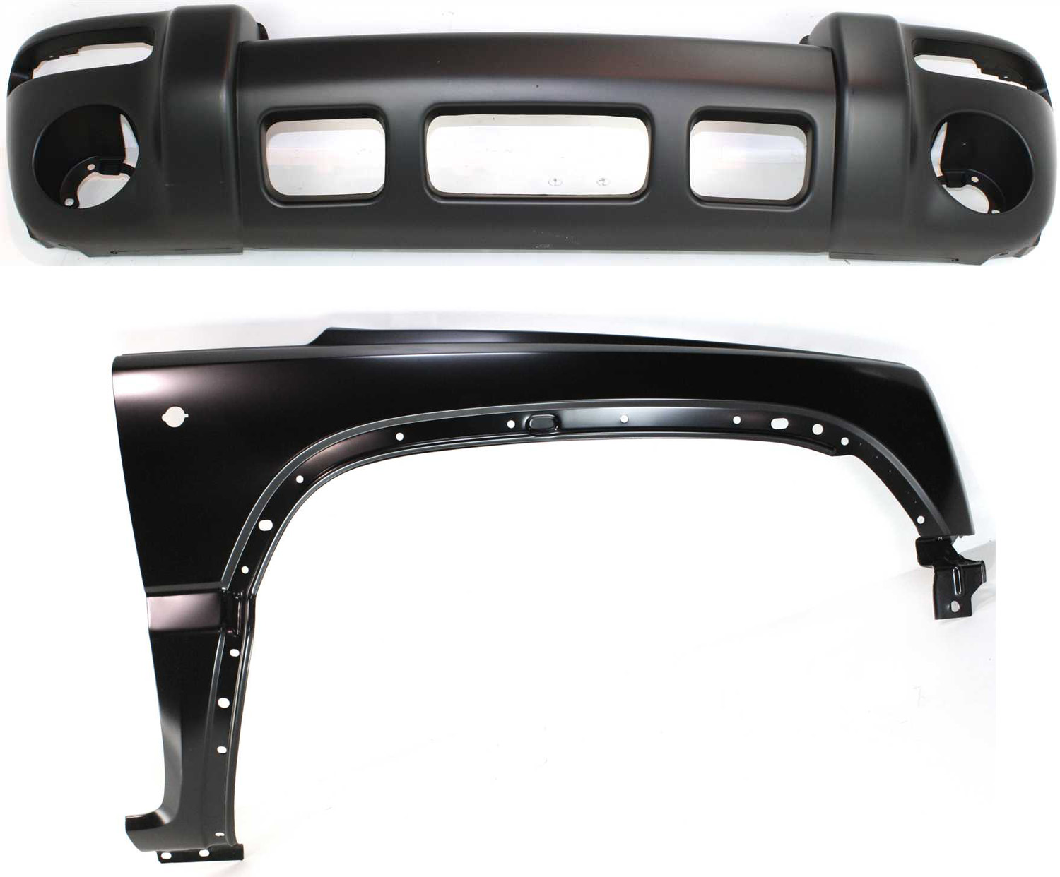 AM LIBERTY 02-04 FRONT BUMPER COVER 2 pc Kit with Fender SKU KIT 011418-126 Partslink CH1000334 CH1241231 OEM 5066606AB 5066606AC 55177100AD