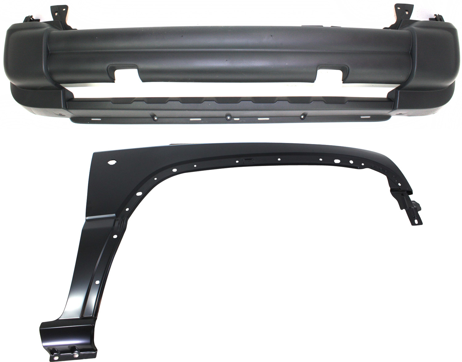 AM LIBERTY 05-07 FRONT BUMPER COVER 2 pc Kit with Fender SKU KIT 011418-128 Partslink CH1000454 CH1241248 OEM 5JG91CD7AB 5JG91CD7AD 55360598