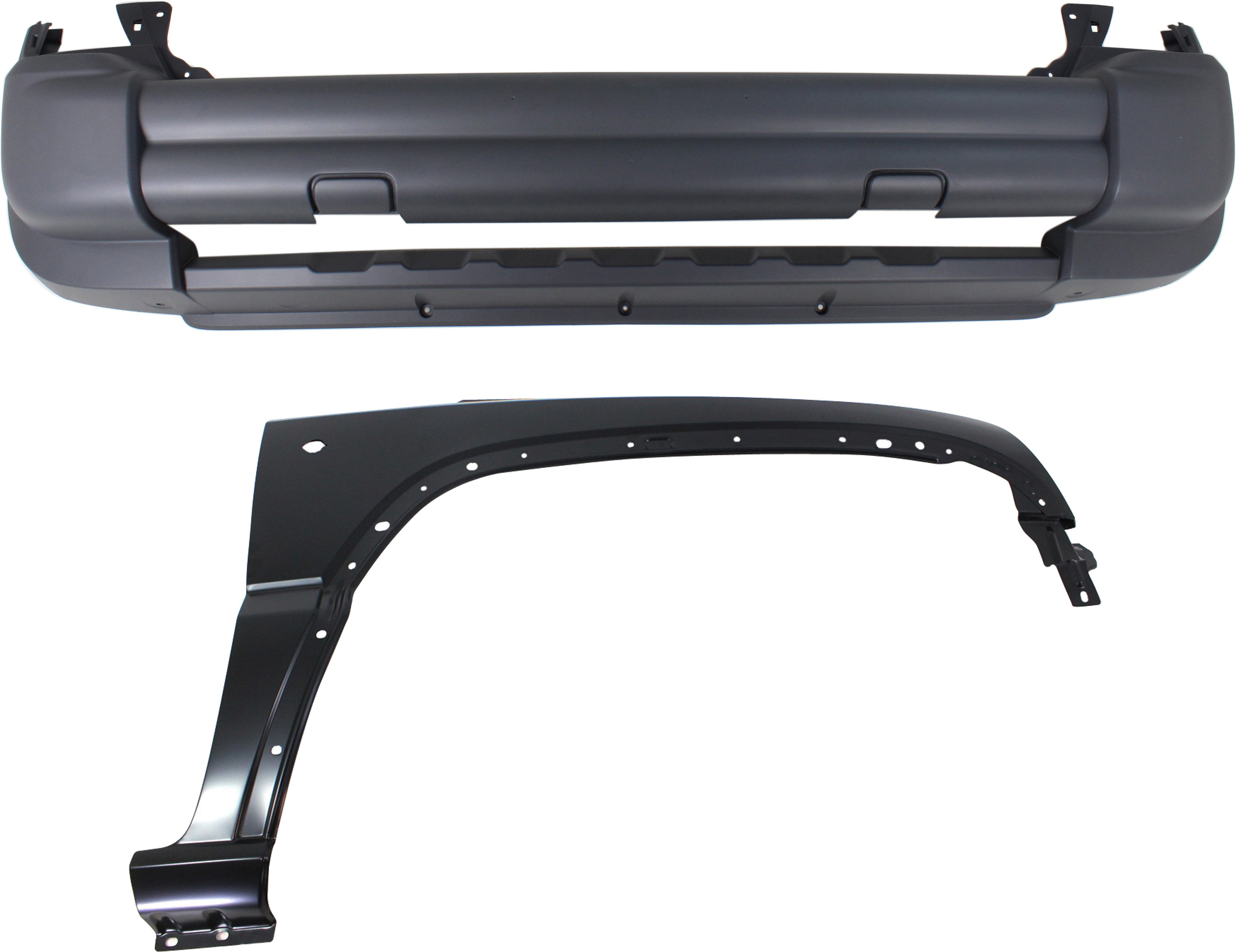 AM LIBERTY 05-07 FRONT BUMPER COVER 2 pc Kit with Fender SKU KIT 011418-129 Partslink CH1000923 CH1241248 OEM 5JG89BDLAB 5JG89BDLAC 55360598