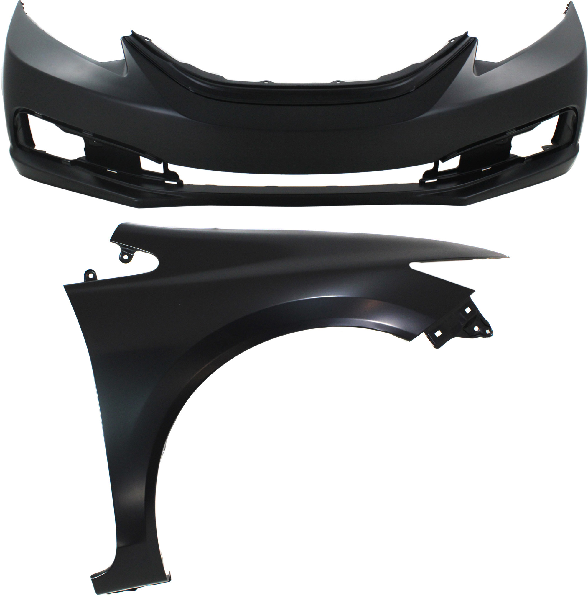 AM CIVIC 13-15 FRONT BUMPER COVER Primed w Fog Light Holes 2 pc Kit with Fender SKU KIT 011418-12 Partslink HO1000290 HO1241181 OEM 04711TR3A50ZZ 60211TR6305ZZ