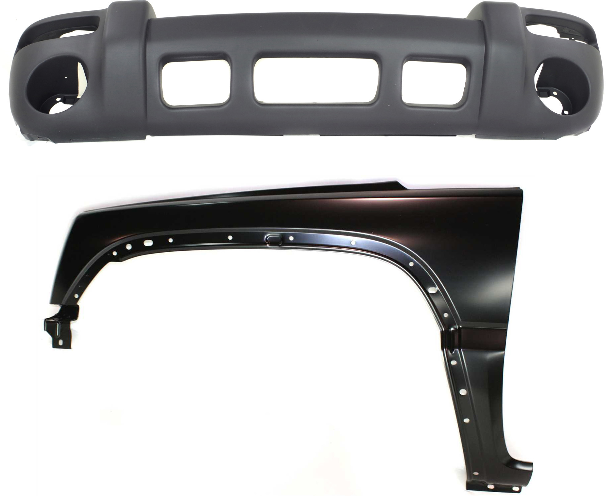 AM LIBERTY 02-04 FRONT BUMPER COVER 2 pc Kit with Fender SKU KIT 011418-131 Partslink CH1000367 CH1240231 OEM 5GJ63HS5AC 55177101AD