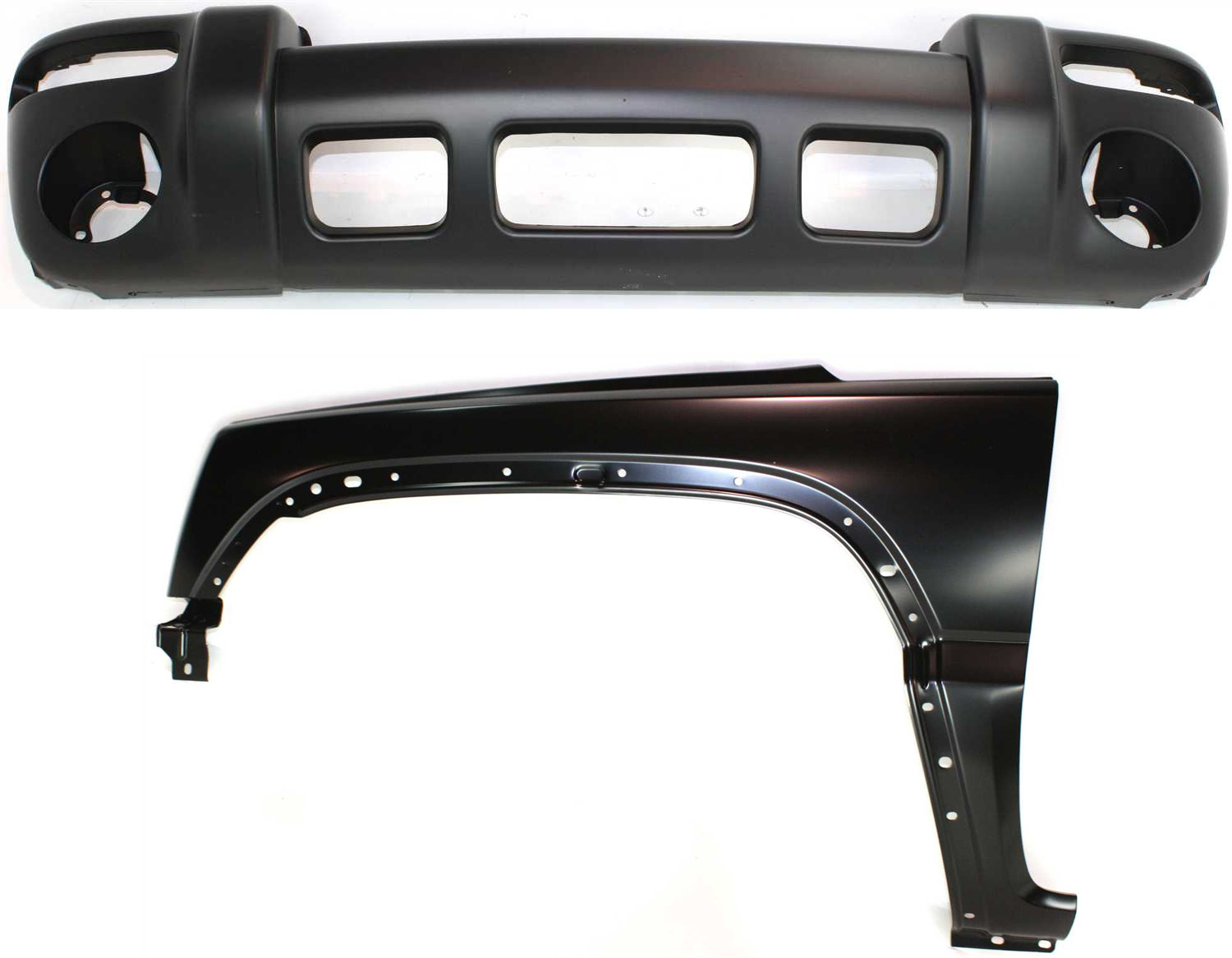 AM LIBERTY 02-04 FRONT BUMPER COVER 2 pc Kit with Fender SKU KIT 011418-132 Partslink CH1000334 CH1240231 OEM 5066606AB 5066606AC 55177101AD